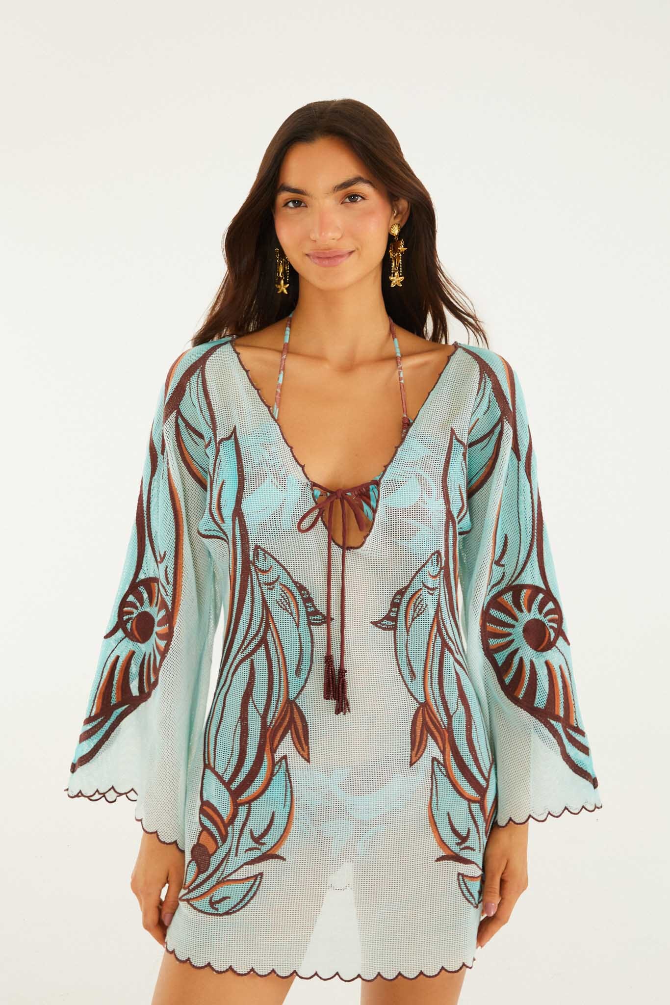 farm rio blue fish dress Net Mini With Long Sleeves Tiffany Blue Santorini Flying BUM-RUCHING Unique design details include Color:BLACK shantung