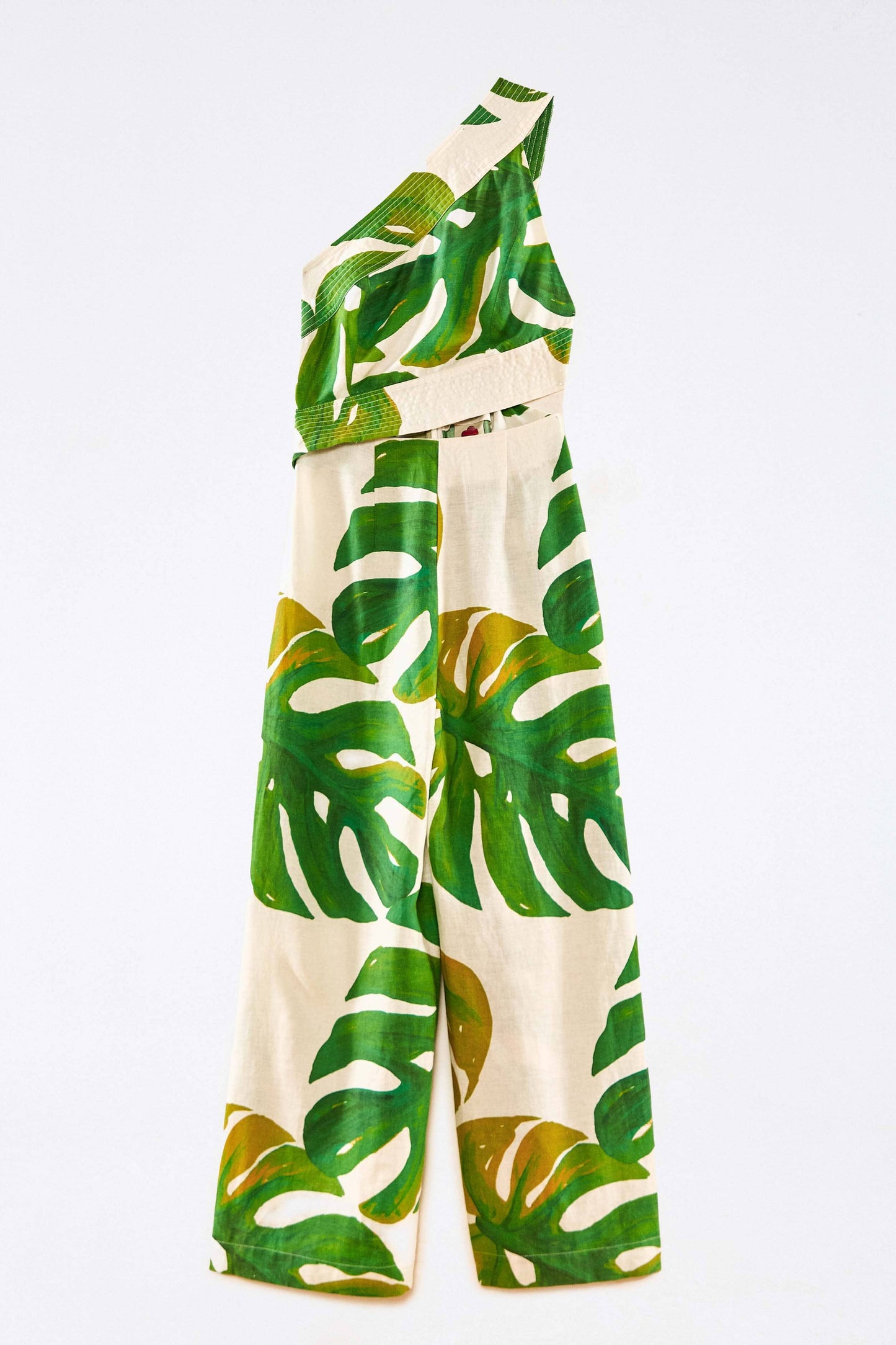 White Monstera One Shoulder Jumpsuit
