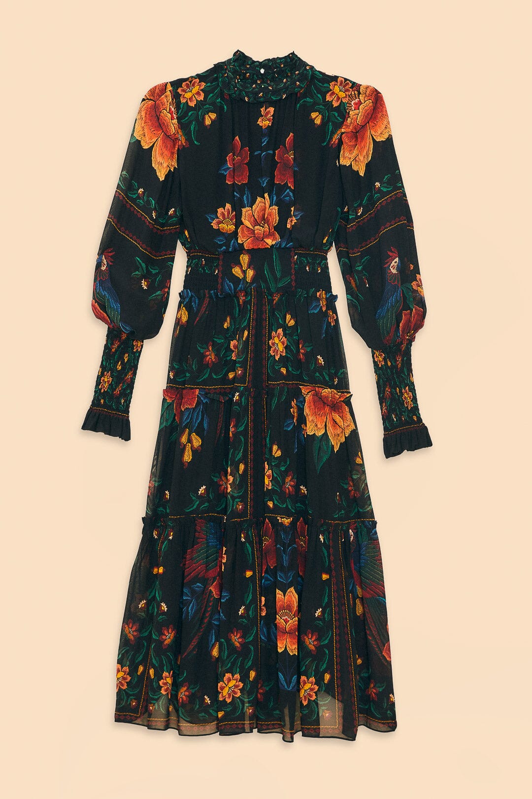 Black Macaws Garden High Neck Midi Dress