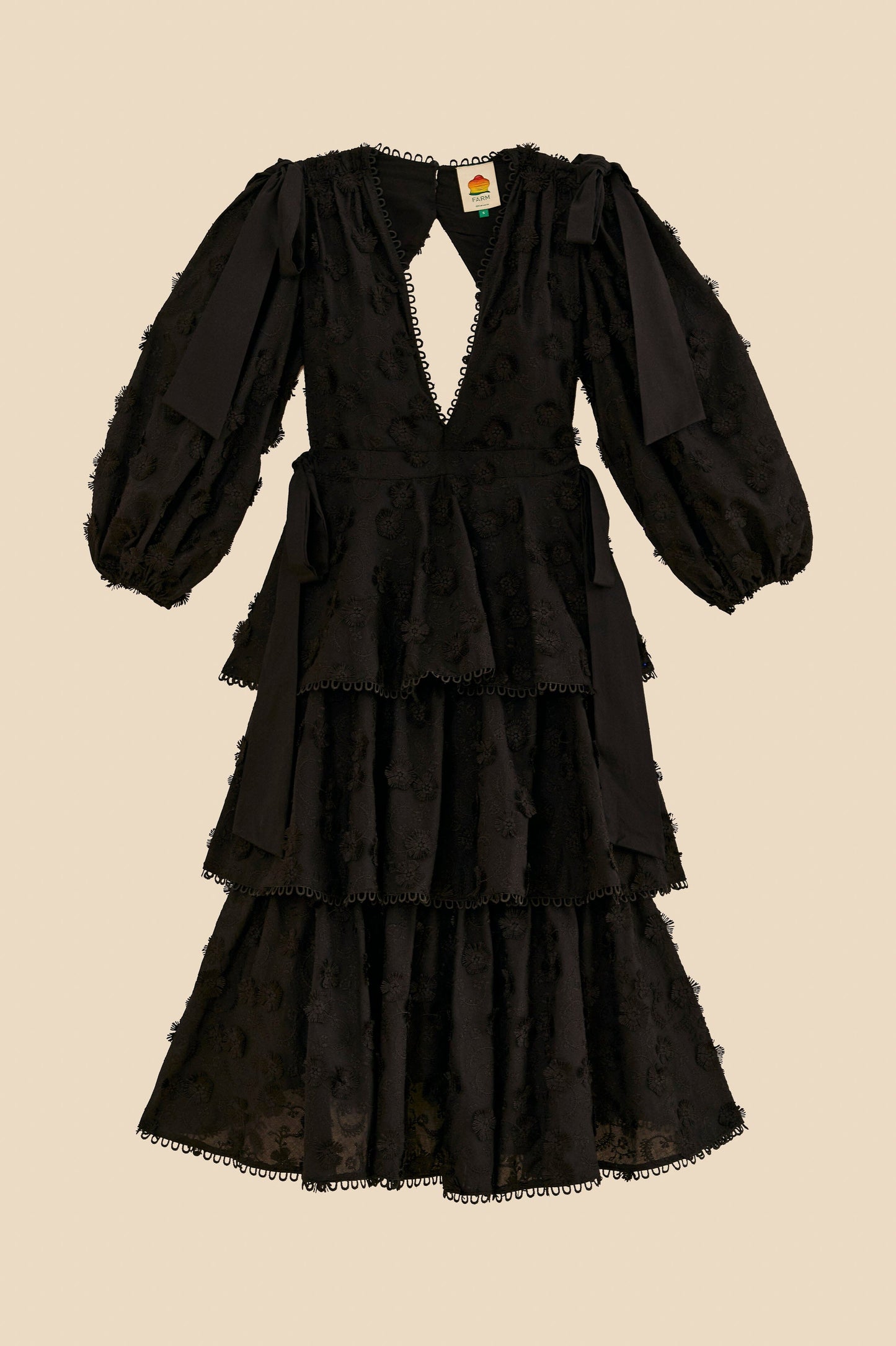 Black Flowers Textured Tiered Midi Dress