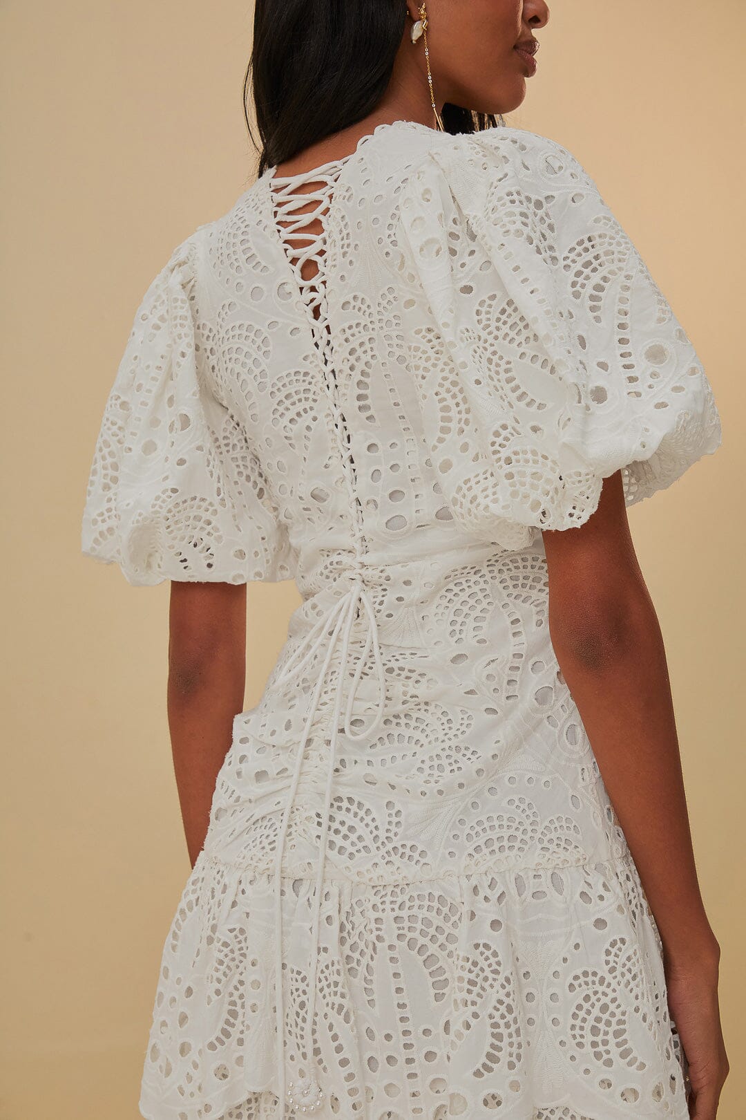 White Cotton Eyelet Puff Sleeve Midi Dress