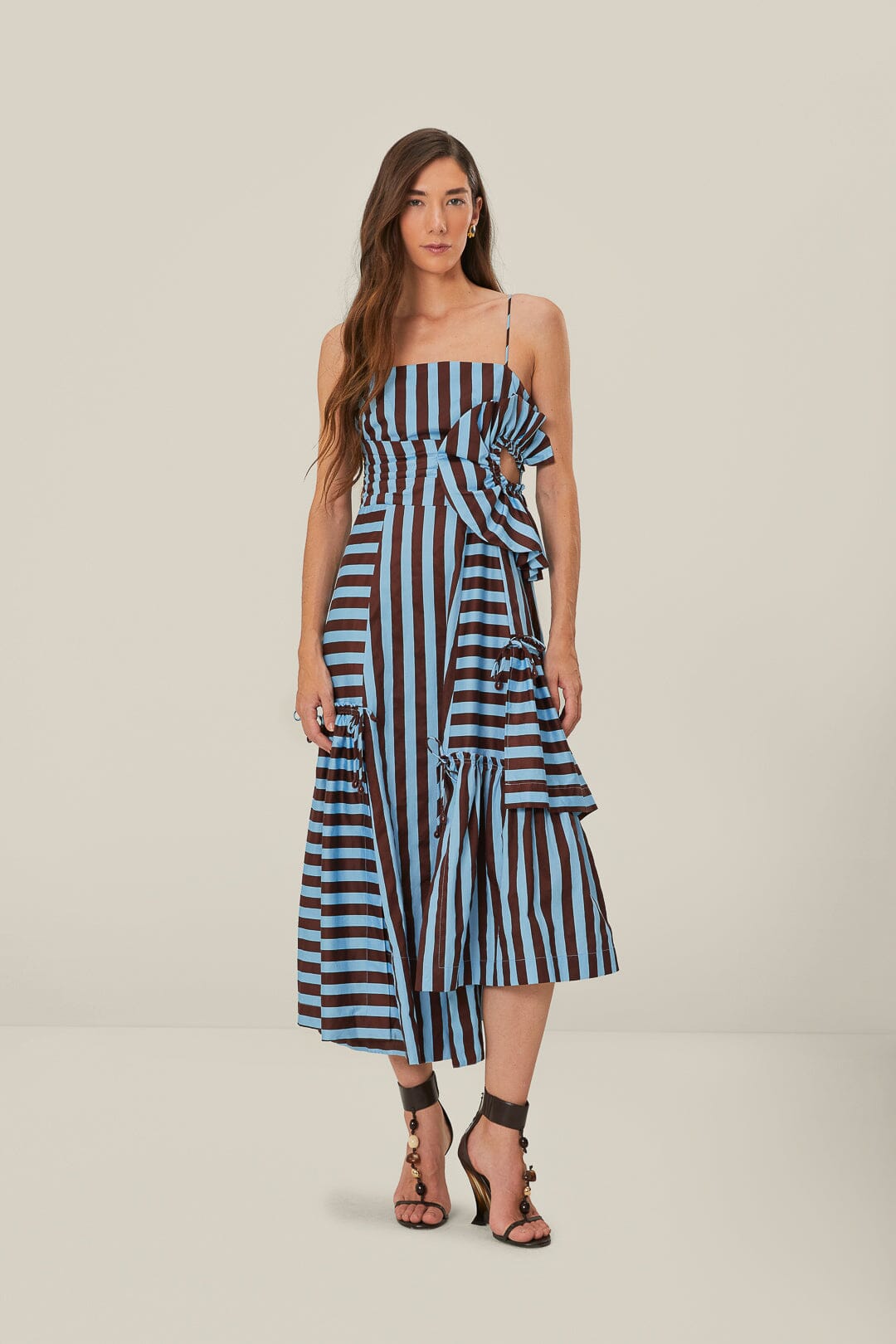 Brown and Blue Tropical Flight Stripes Organic Cotton Midi Dress FARM Rio Brown and Blue Tropical Flight Stripes Organic Cotton Midi Dress FARM Rio