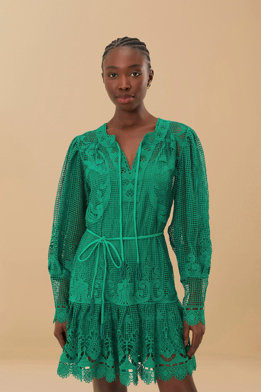 Green Tropical Flight Guipure Mini Dress FARM Rio Green Tropical Flight Guipure Mini Dress FARM Rio