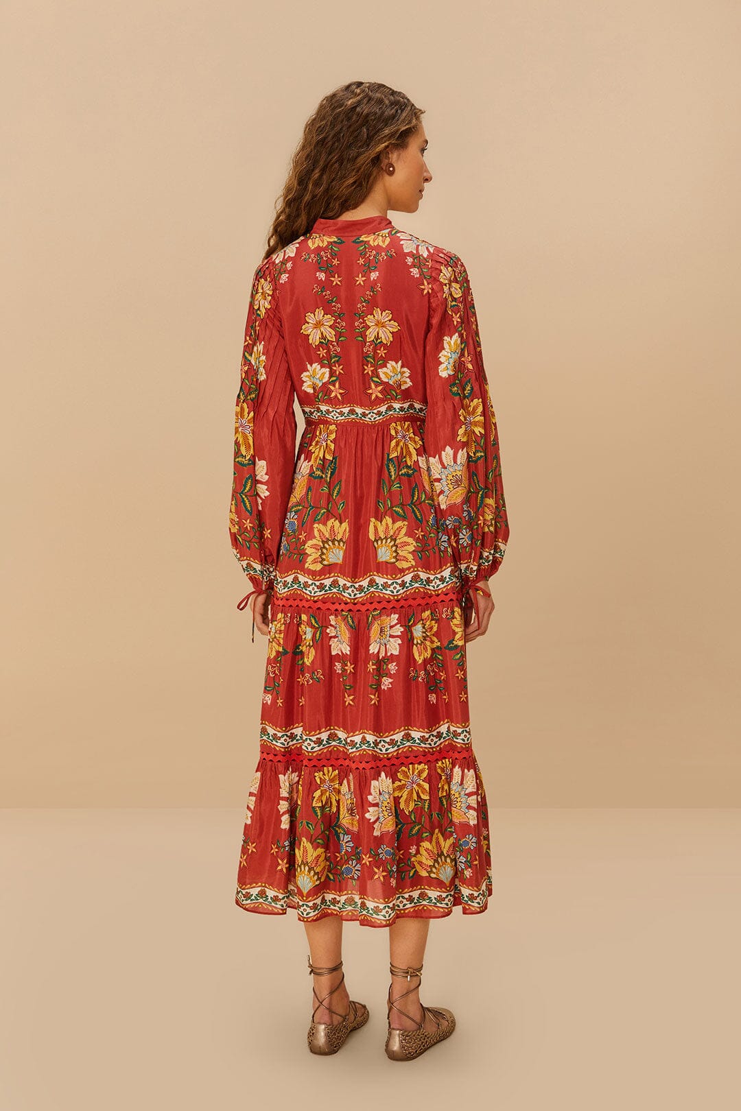 Red Garden Delight Long Sleeve Midi Dress