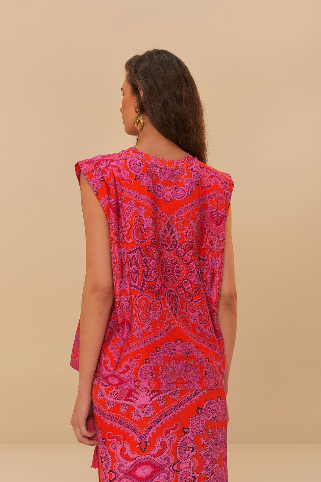 Red Paisley Scarf Shoulder Pad Blouse
