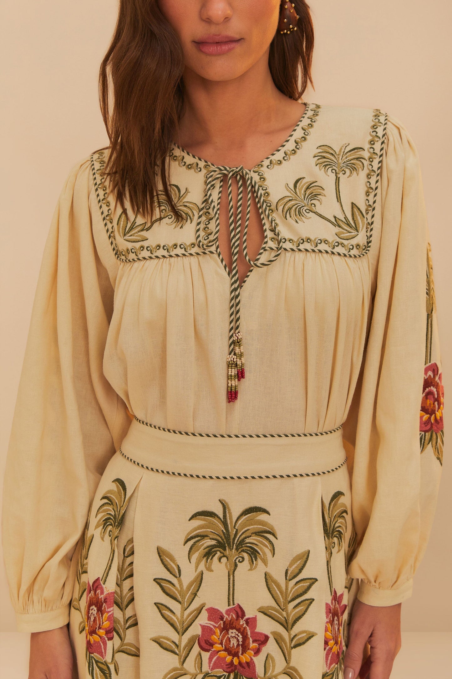 Sand Tropical Flower Embroidered LENZING™ ECOVERO™ Euroflax™ Blouse