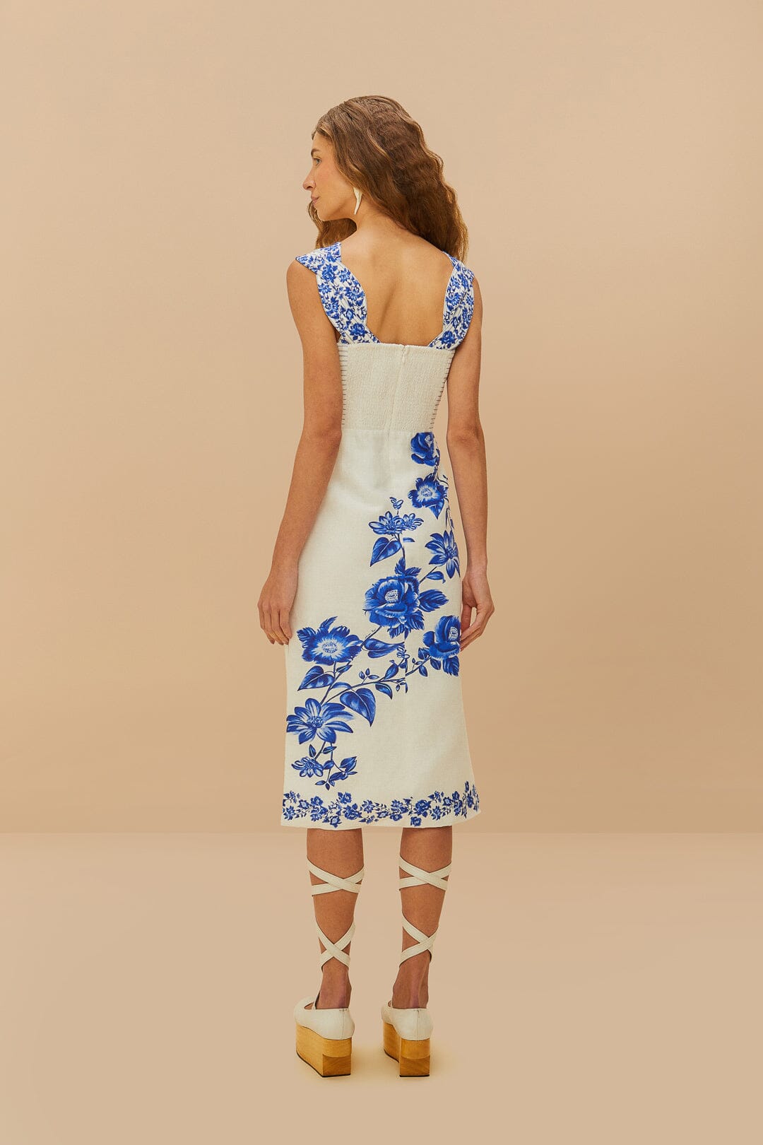 Off-White Floral Cascade Wavy Euroflax™ Premium Linen Midi Dress