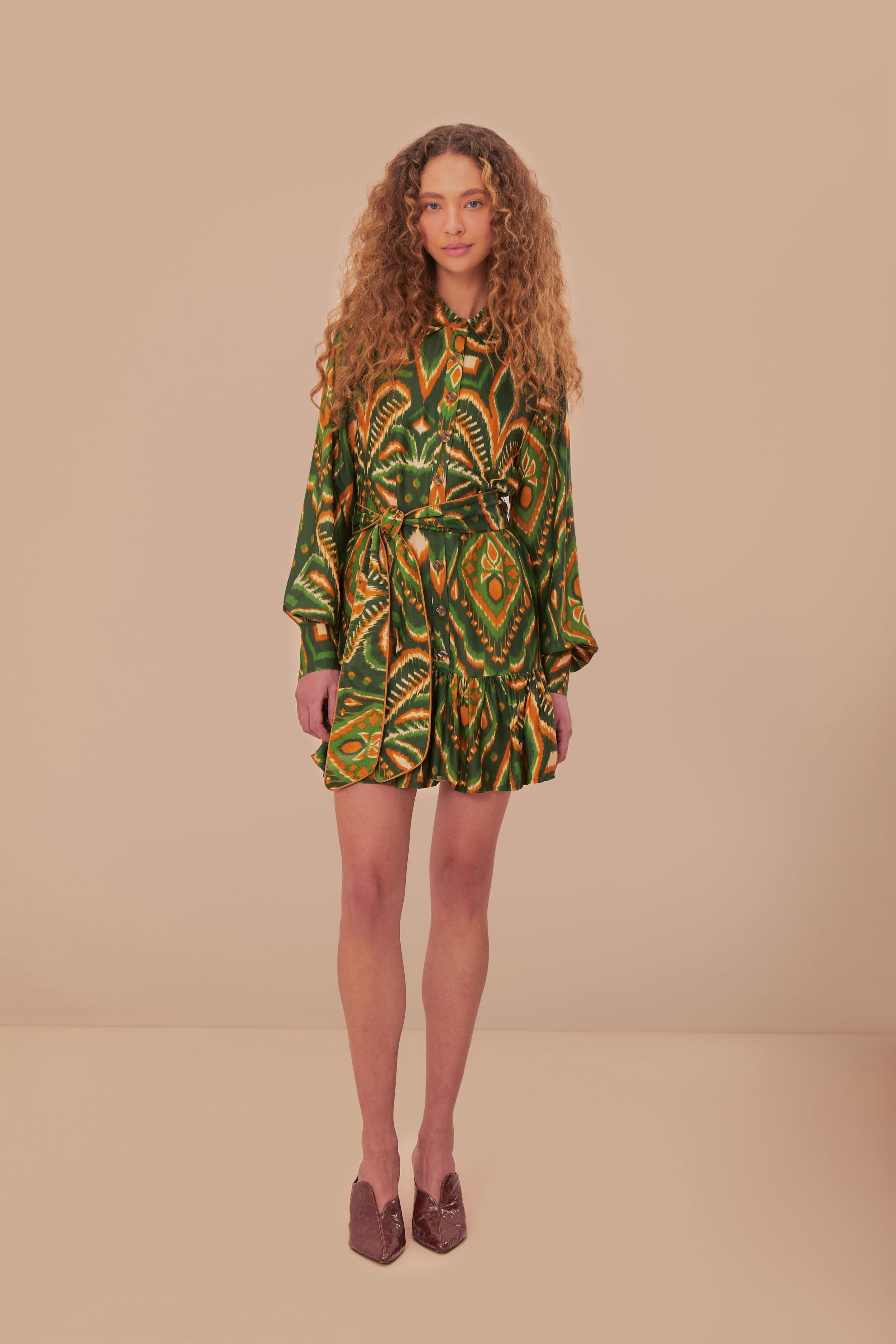 Green Pineapple Ikat LENZING ECOVERO Viscose Mini Dress FARM Rio Green Pineapple Ikat LENZING ECOVERO Viscose Mini Dress FARM Rio