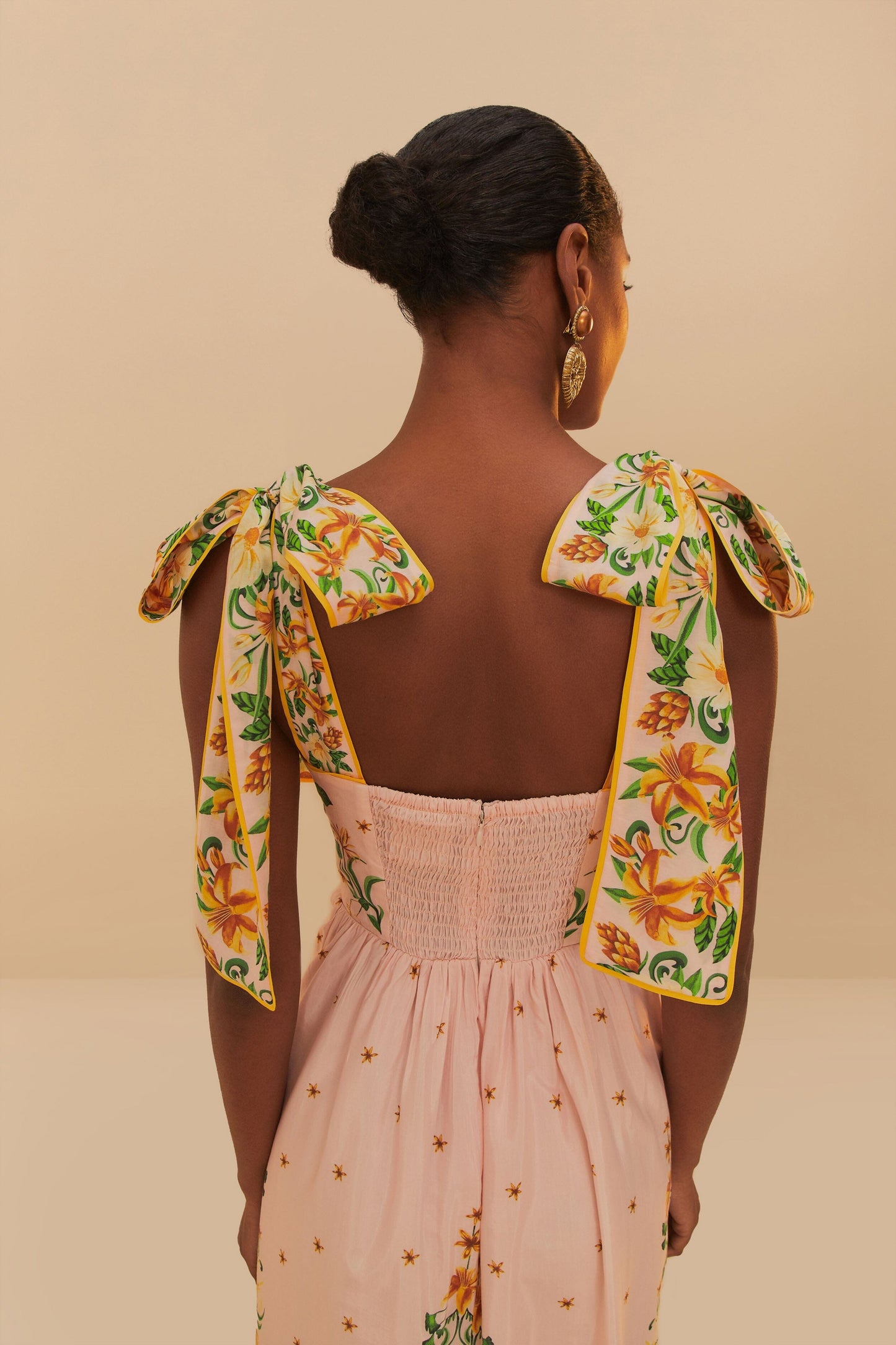 Pink Botanical Beauty Shoulder Bow Midi Dress