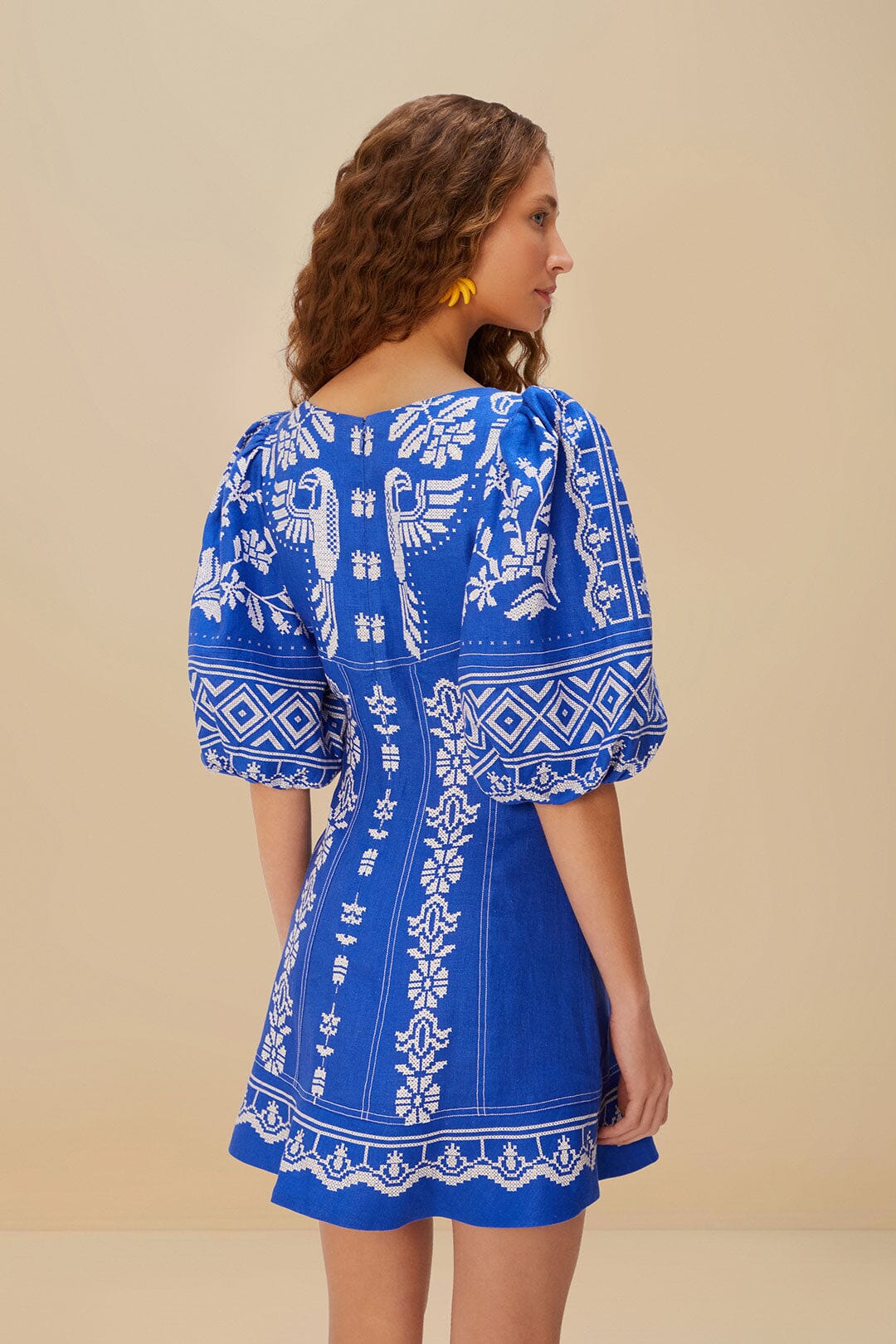 Blue Tropical Cross Stitch Euroflax™ Premium Linen Mini Dress