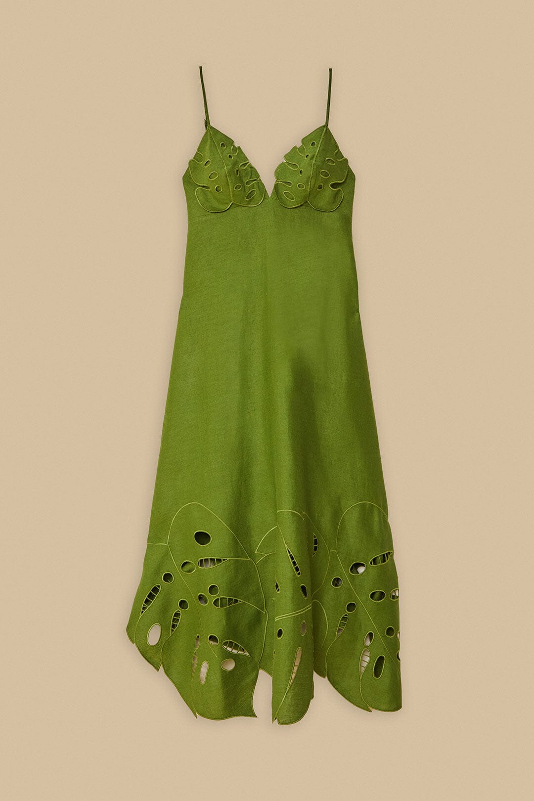 Green Monstera Embroidered Euroflax™ Premium Linen Midi Dress