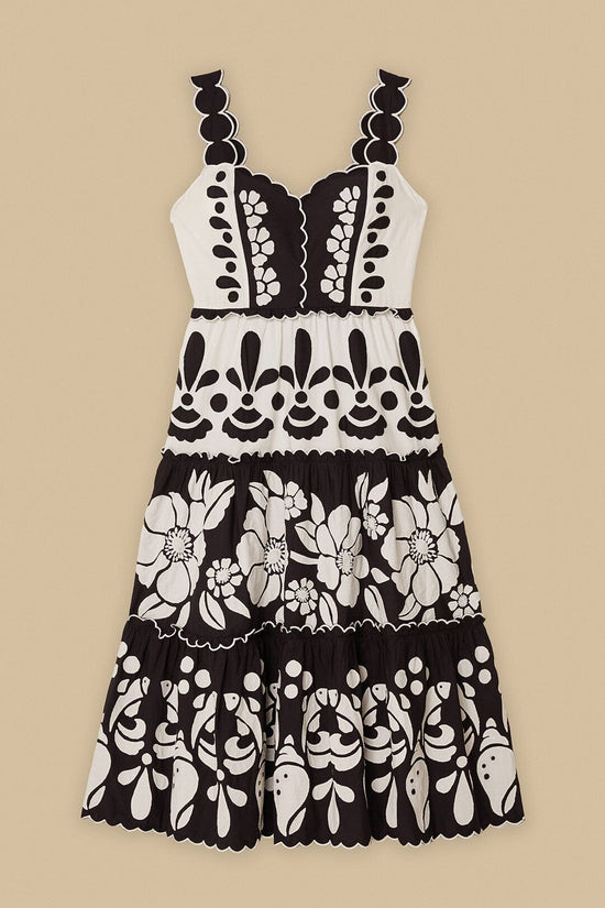 Black And White Summer Cutwork Organic Cotton Midi Dress