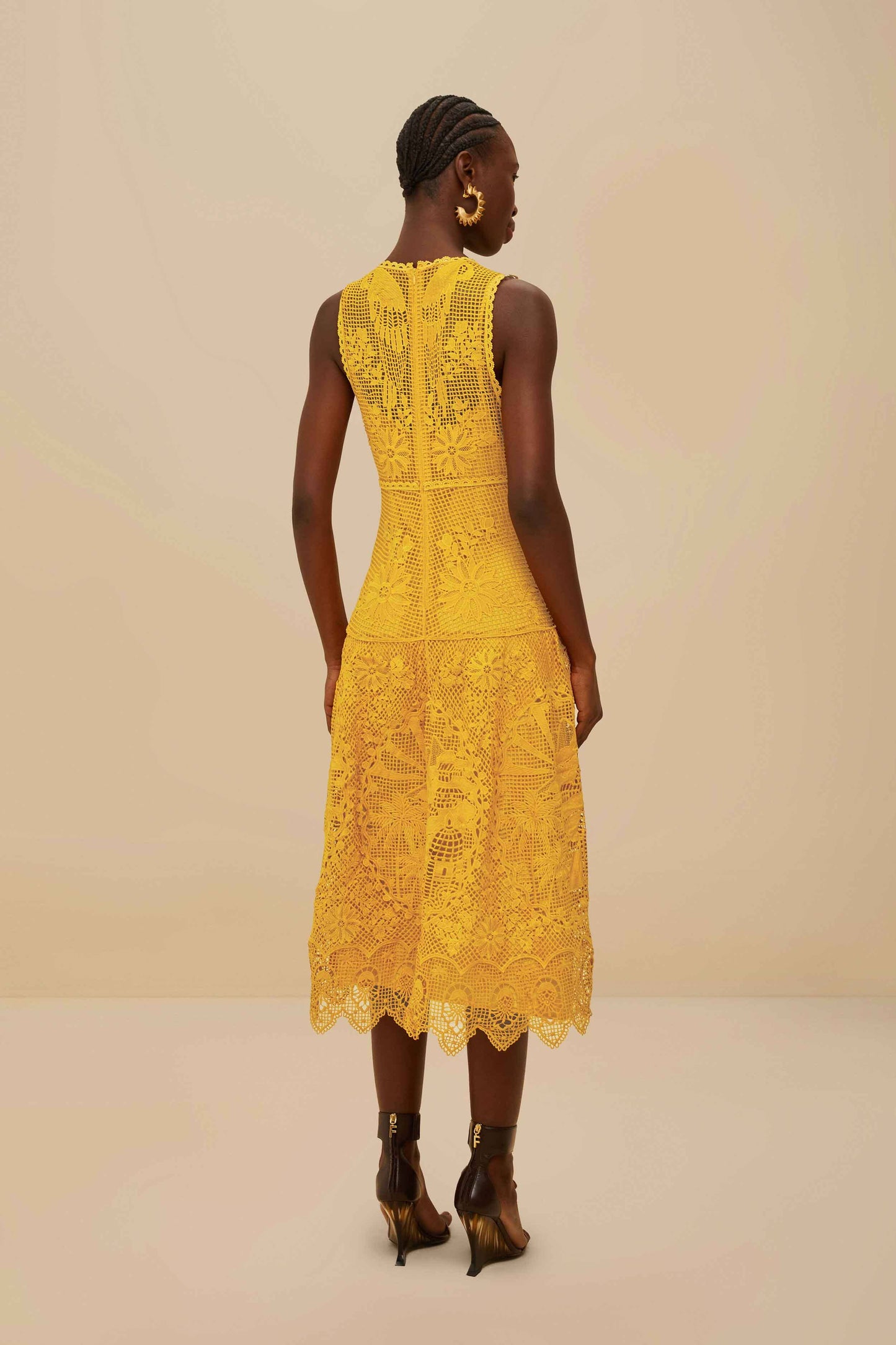 Landscape Guipure Mustard Yellow Midi Dress