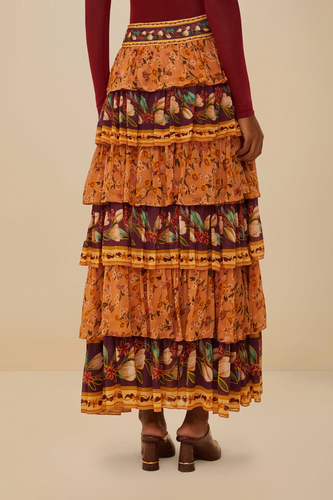 Colorful Birds Camel Ruffles Midi Skirt