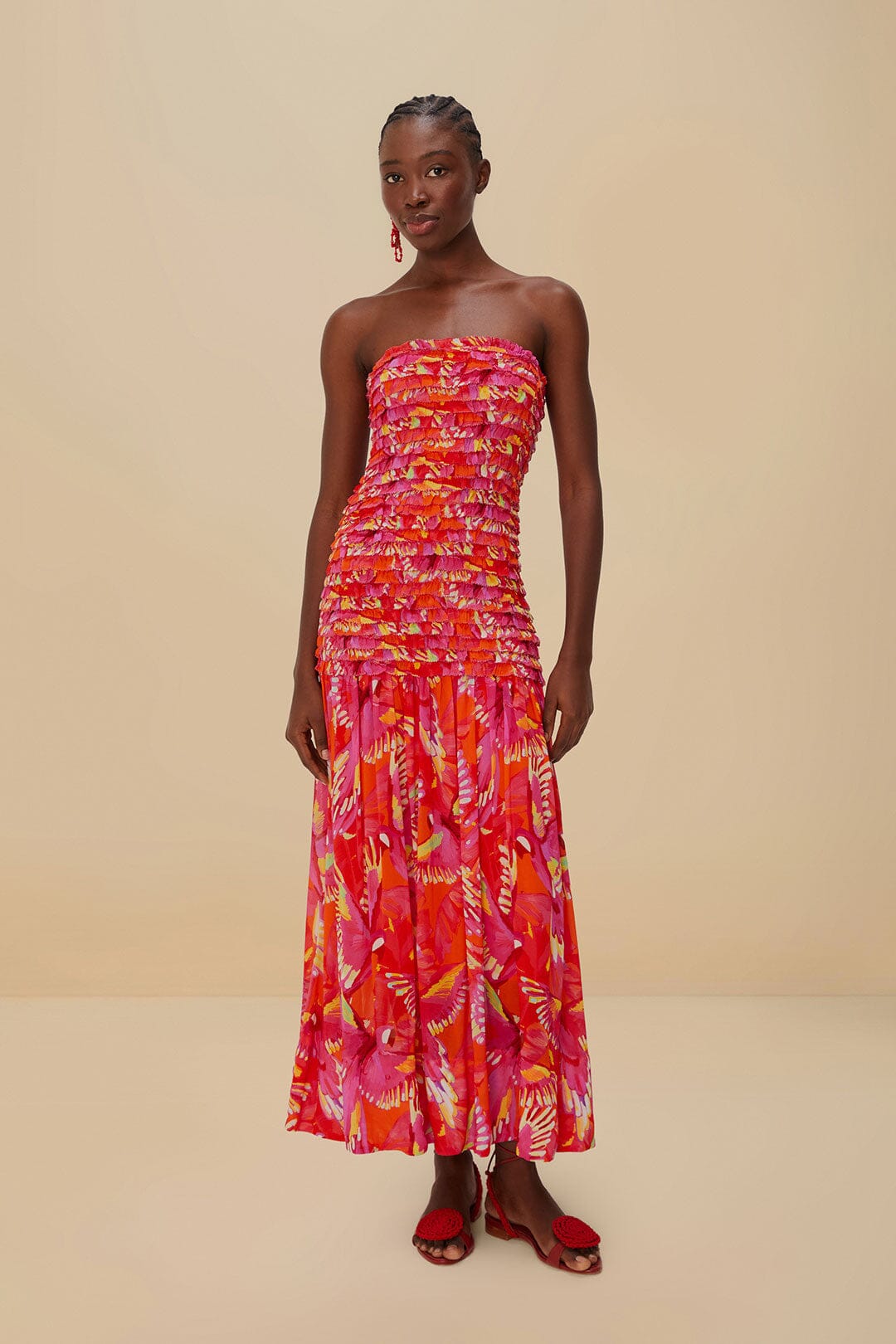 Orange Flying Birds Strapless Midi Dress