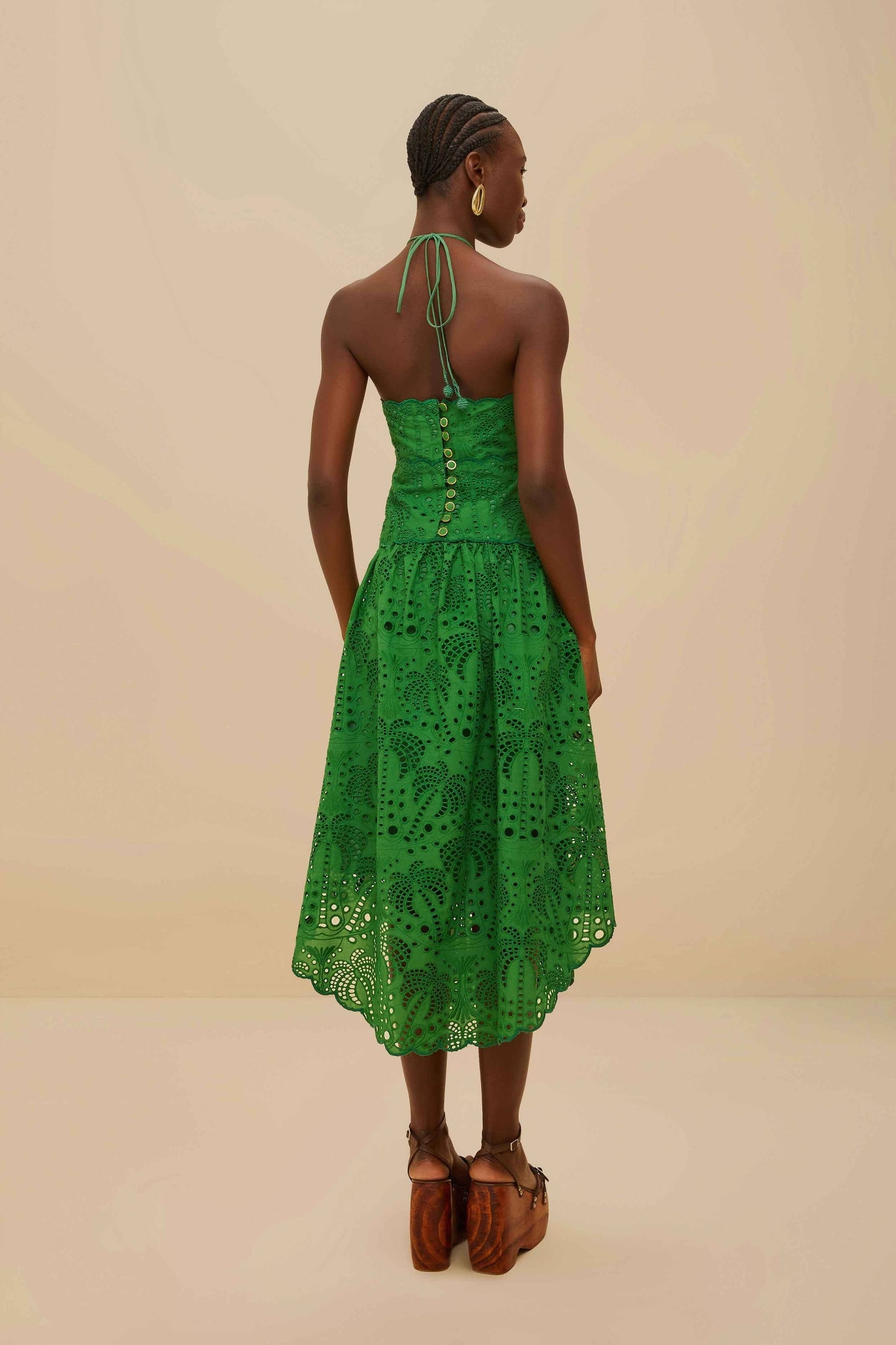 Green Palm Tree Eyelet Halter Neck Midi Dress