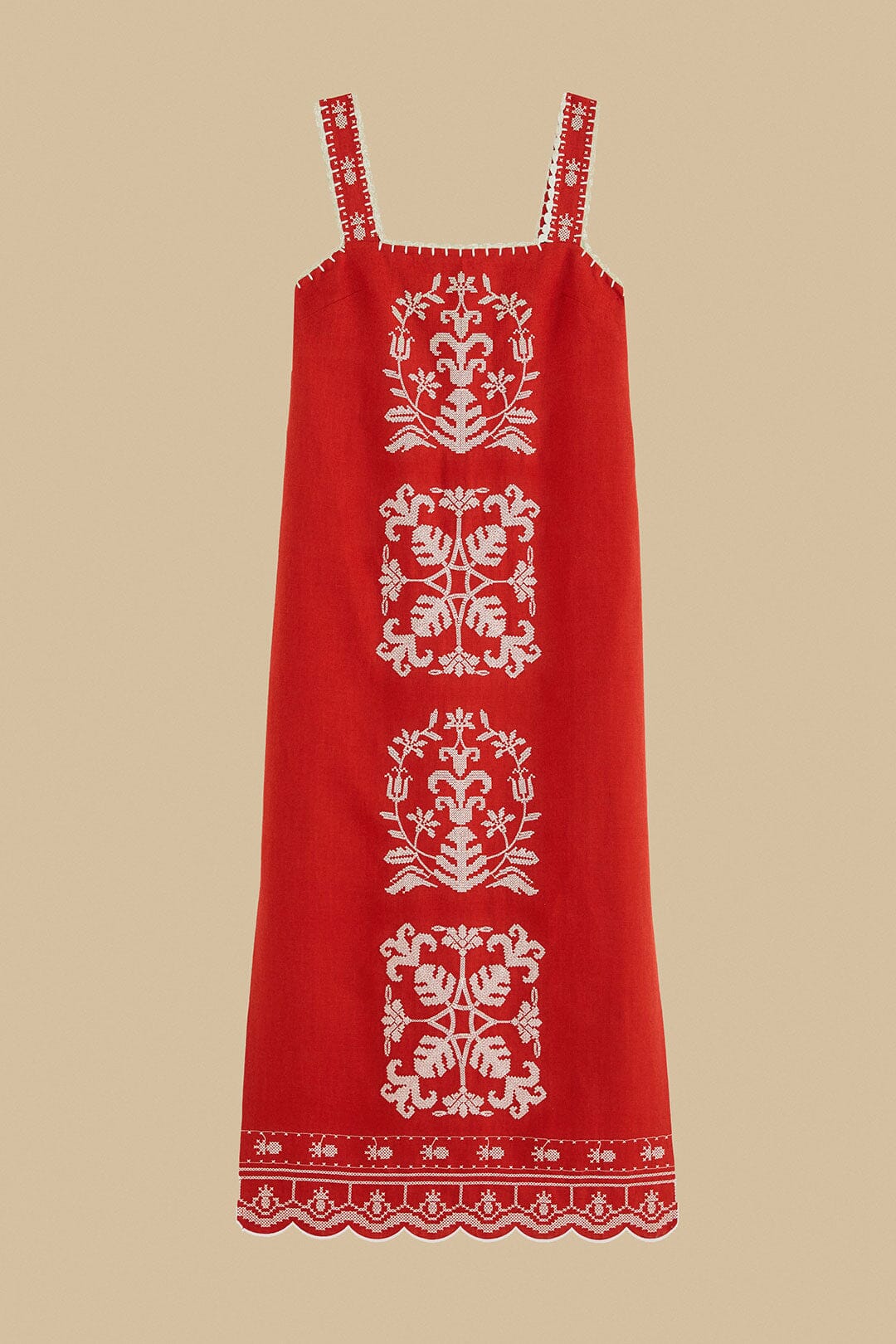 Red Tropical Cross Stitch Embroidered Euroflax™ Premium Linen Midi Dress
