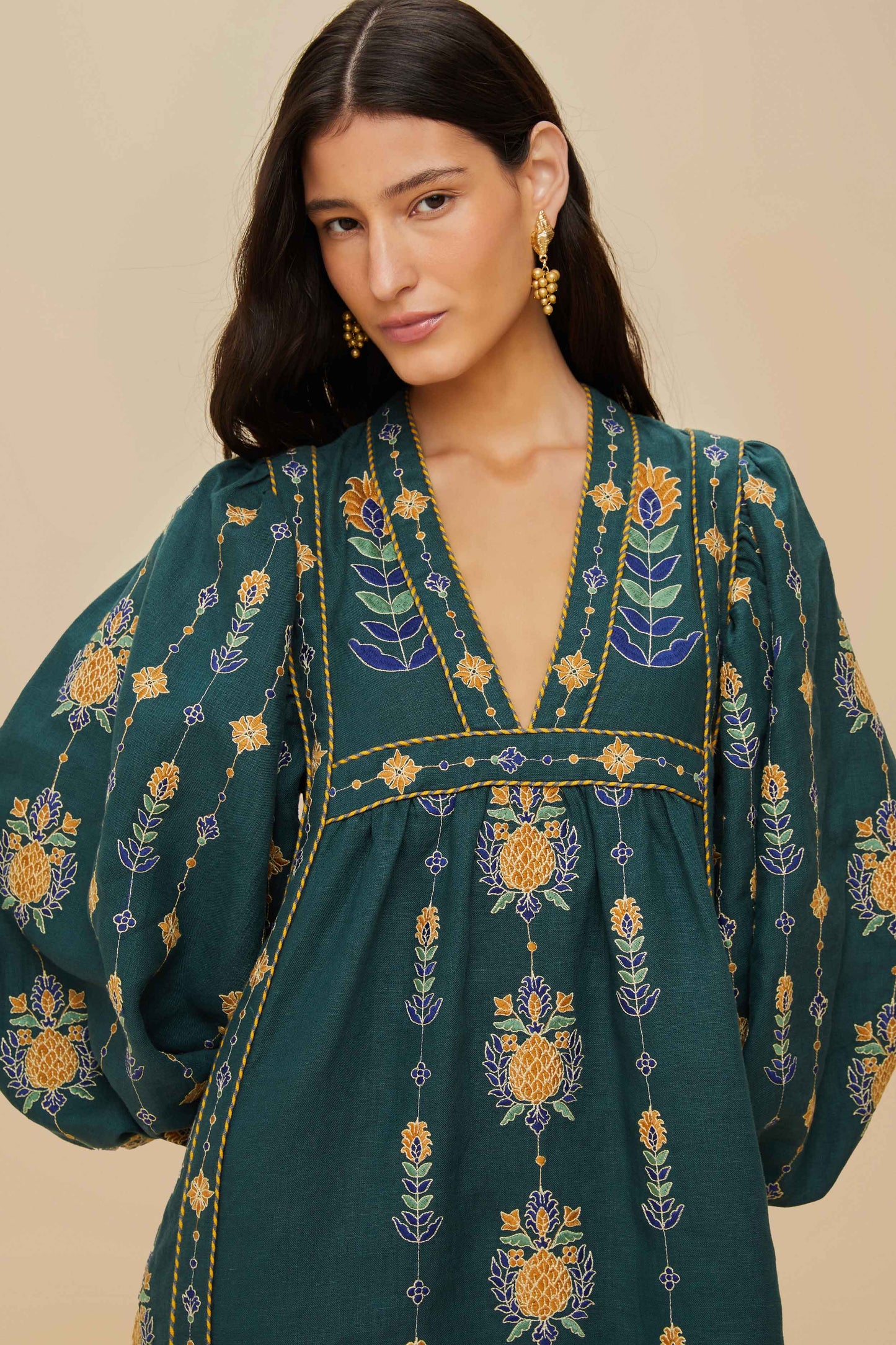 Green Pineapple Embroidered Euroflax™ Premium Linen Tunic Maxi Dress