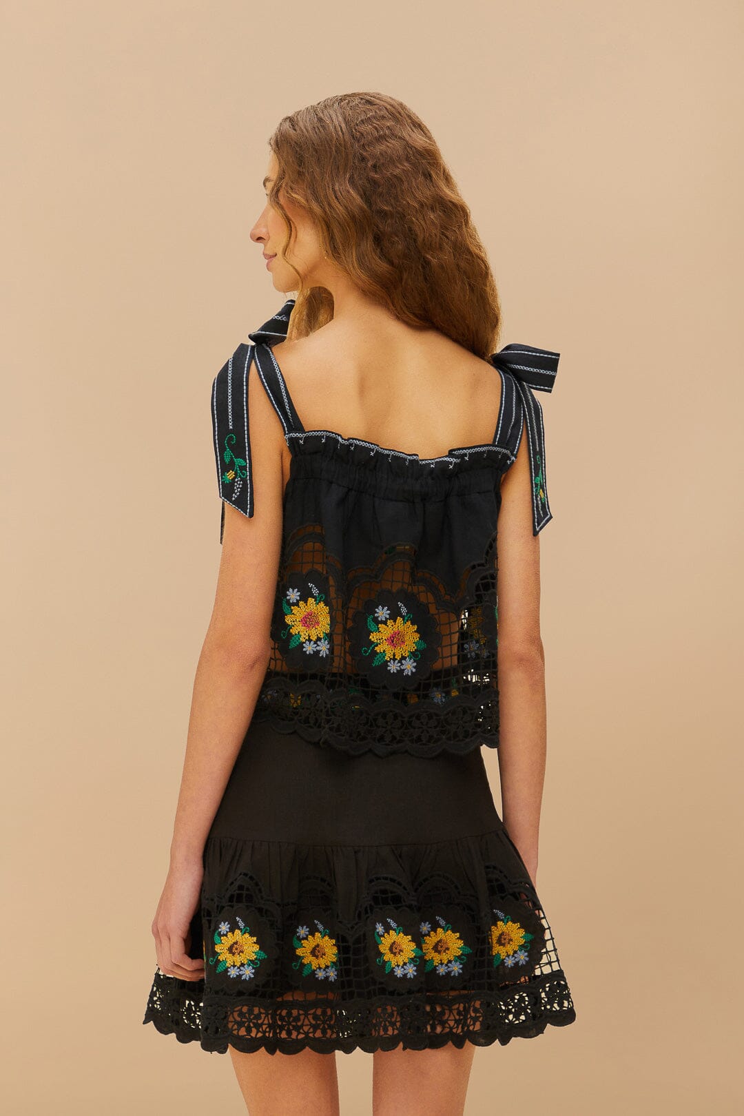 Black Cross Stitch Sunflower Richelieu LENZING™ ECOVERO™ Euroflax™ Mini Skirt