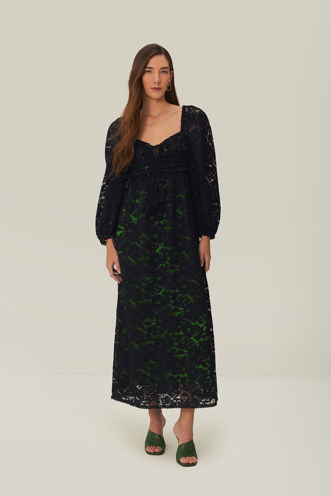 Black Lace Long Sleeve Midi Dress FARM Rio Black Lace Long Sleeve Midi Dress FARM Rio