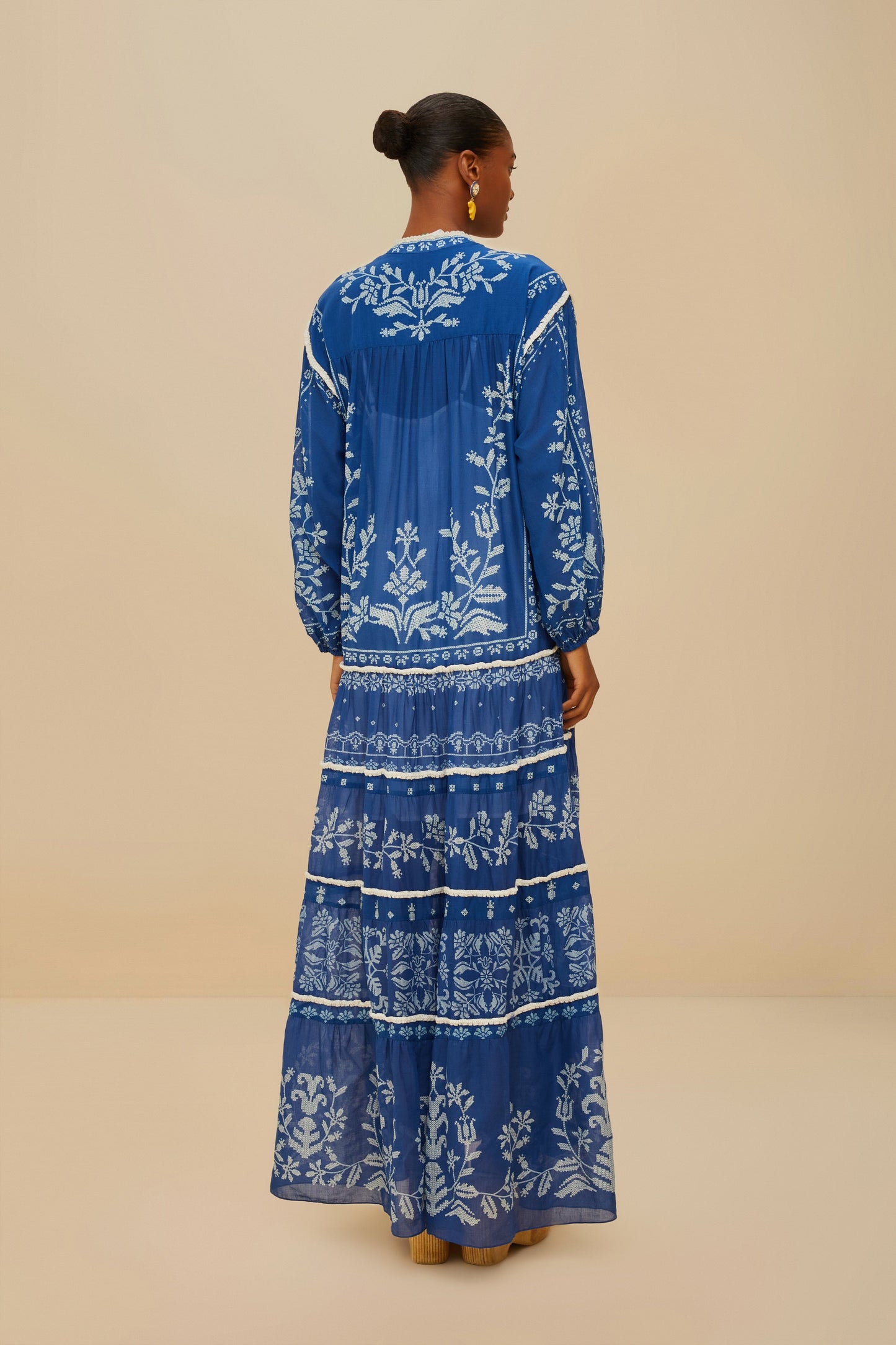 Blue Tropical Cross Stitch Tiered Maxi Dress