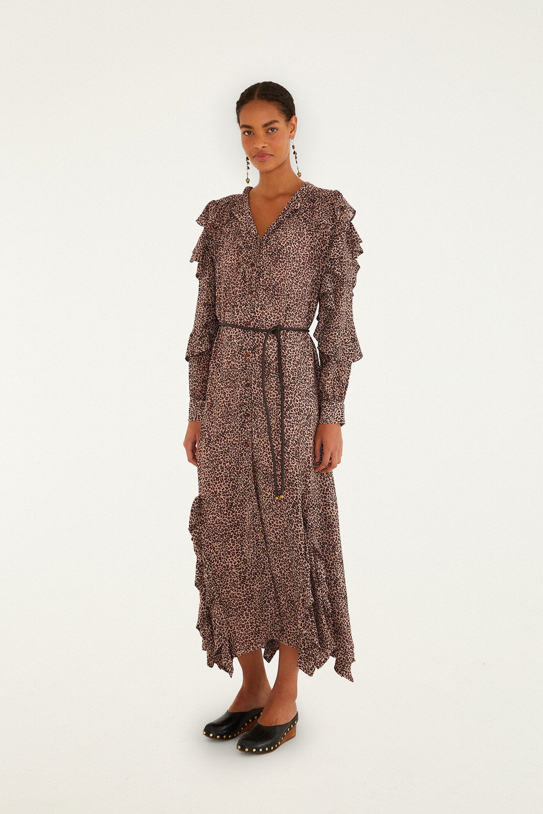 FARM Rio Baby Leopard Ruffle Long Sleeve Maxi Shirtdress in Baby Leopard Pink at Nordstrom, Size Small