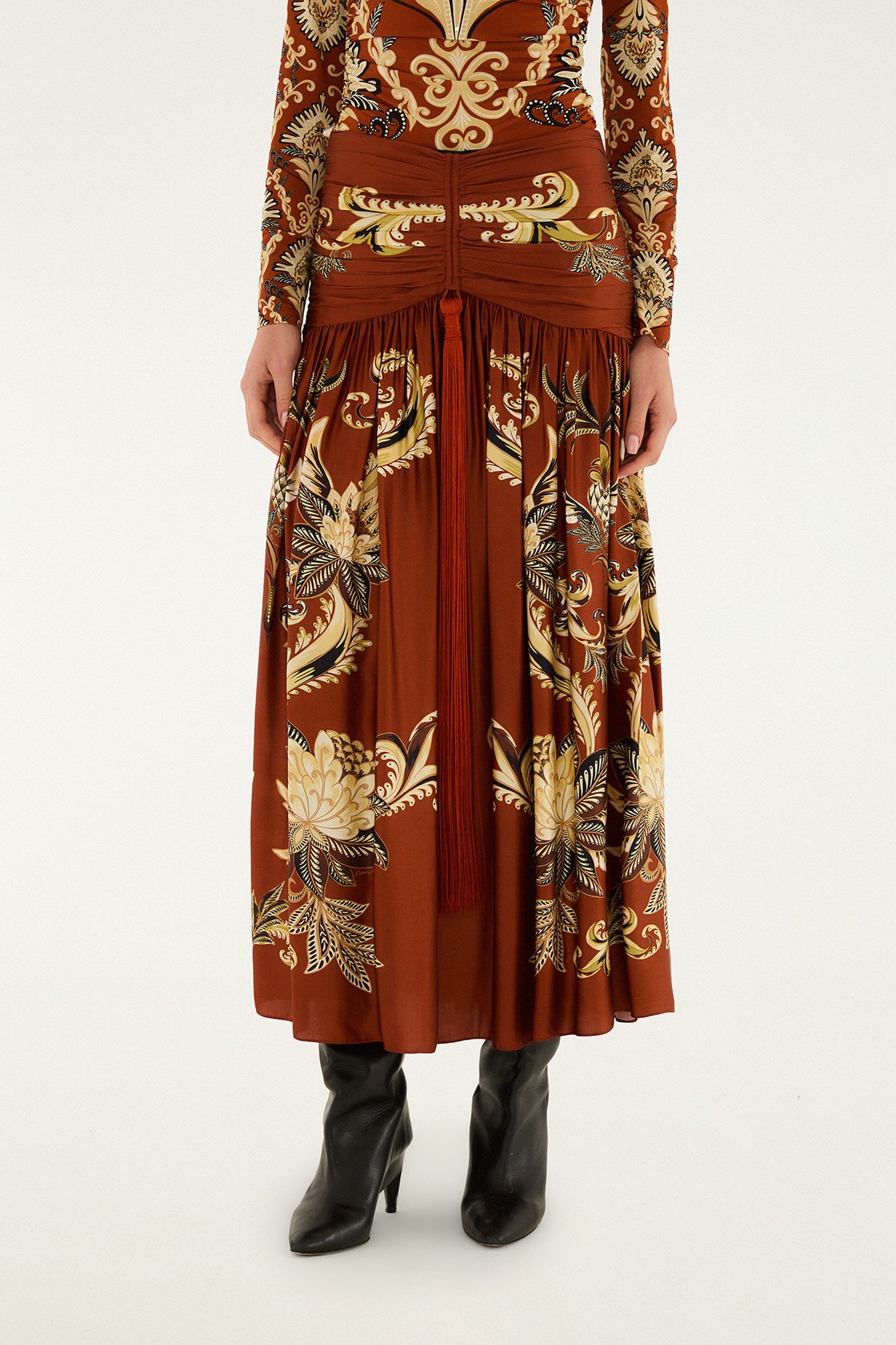 Orange Arabesque Paradise Flower Fringe Lenzing™ Ecovero™ Viscose Midi Skirt