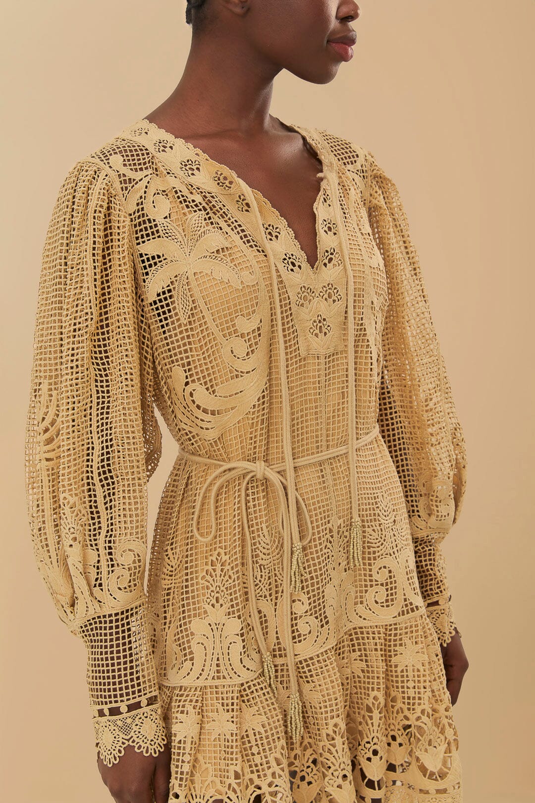 Sand Tropical Flight Guipure Mini Dress