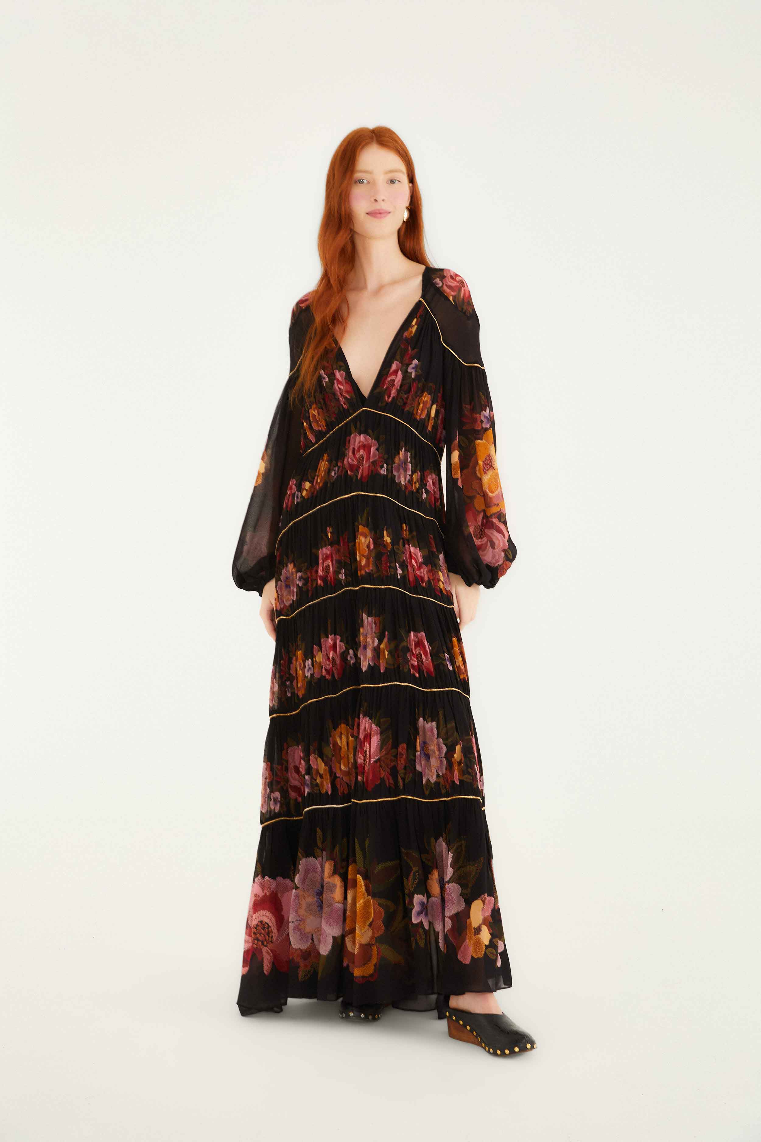 FARM Rio Black Chenille Flowers Long Sleeve Midi Dress, Chenille Flowers Black / XXS FARM Rio Black Chenille Flowers Long Sleeve Midi Dress, Chenille Flowers Black / XXS