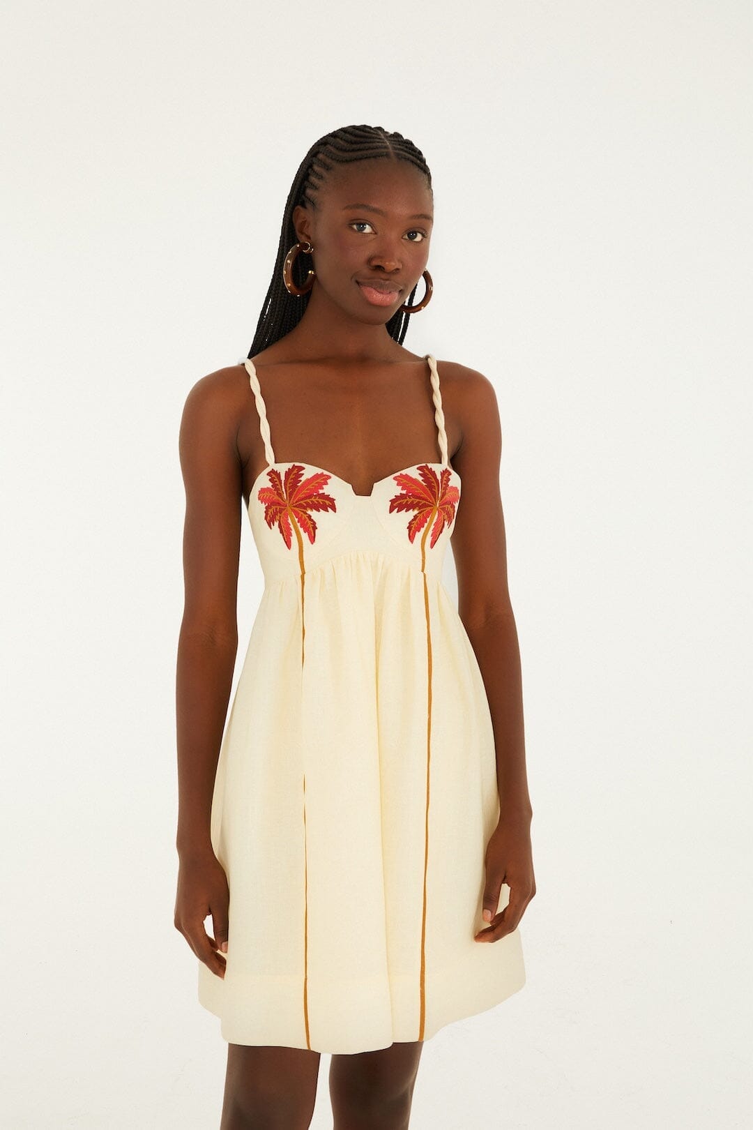 Off-White Coconut Tree Embroidered Euroflax Premium Linen Mini Dress | FARM Rio Off-White Coconut Tree Embroidered Euroflax Premium Linen Mini Dress | FARM Rio