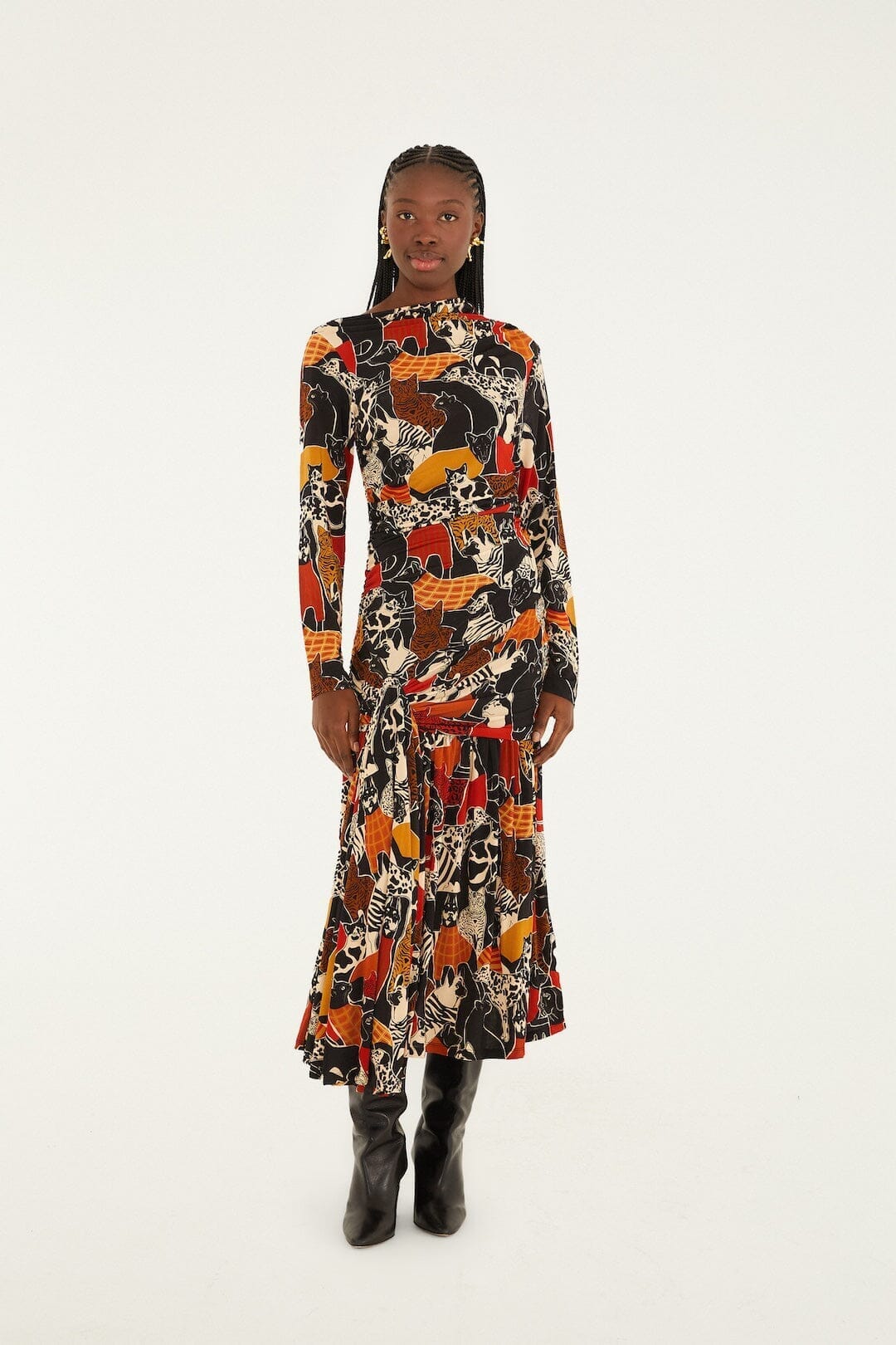 Multicolor Cats And Dogs Long Sleeve Draped Midi Dress | FARM Rio