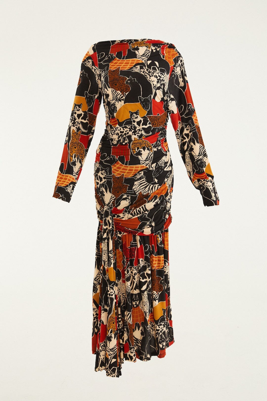 Multicolor Cats And Dogs Long Sleeve Draped Midi Dress