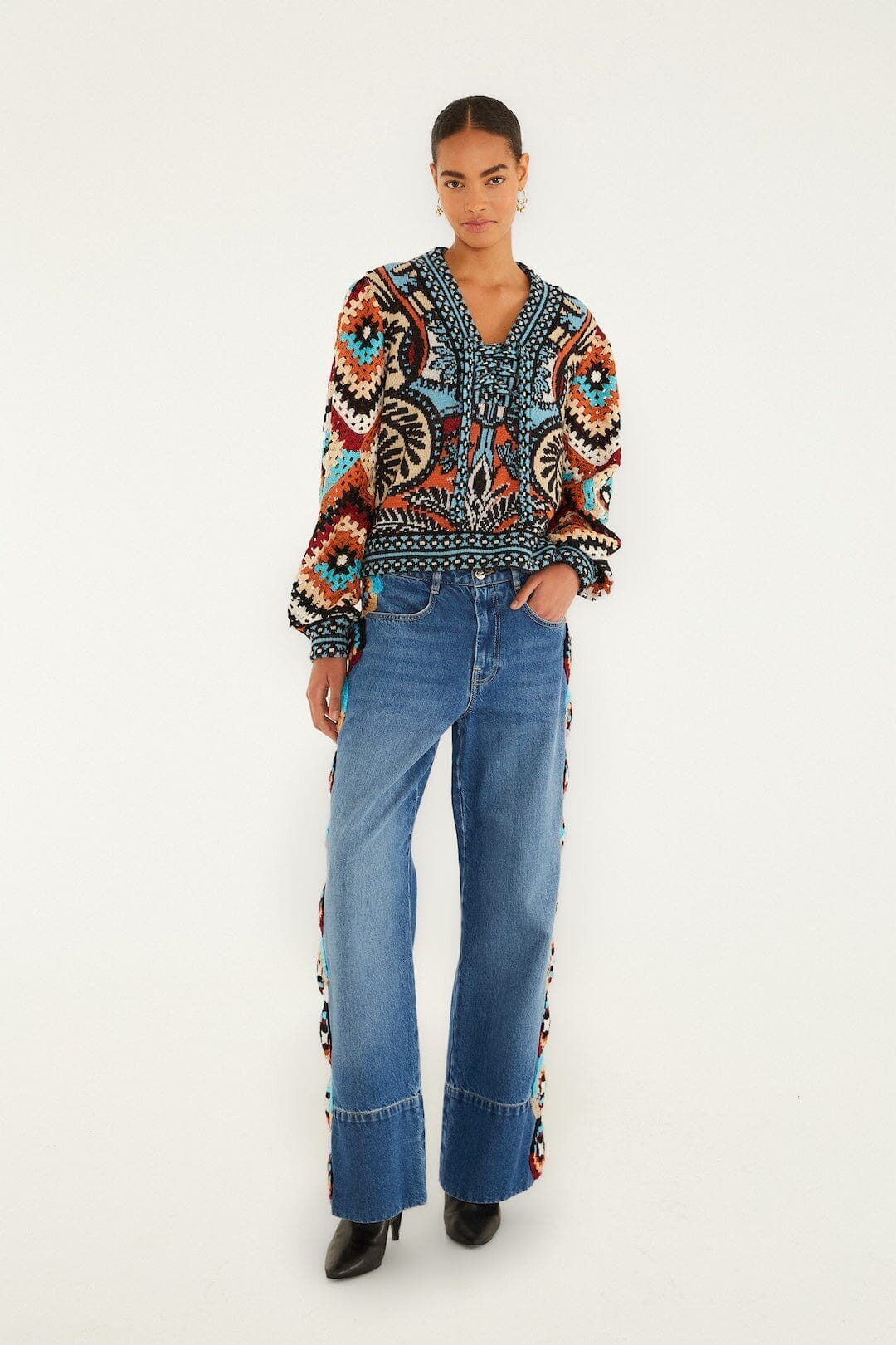 Multicolor Balamana Crochet Sleeve Knit Sweater