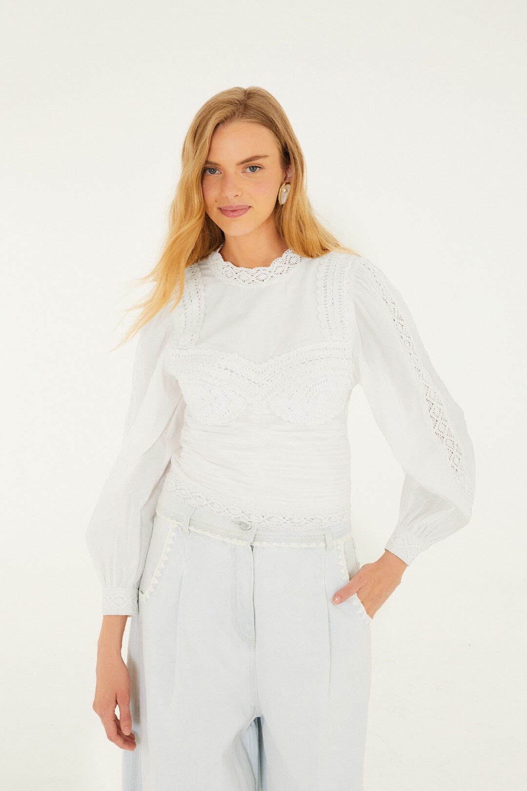 Riu Jacquard open arm blouse ホワイト Scallop-trim Tie-front Top In Ramie For Women | J.Crew