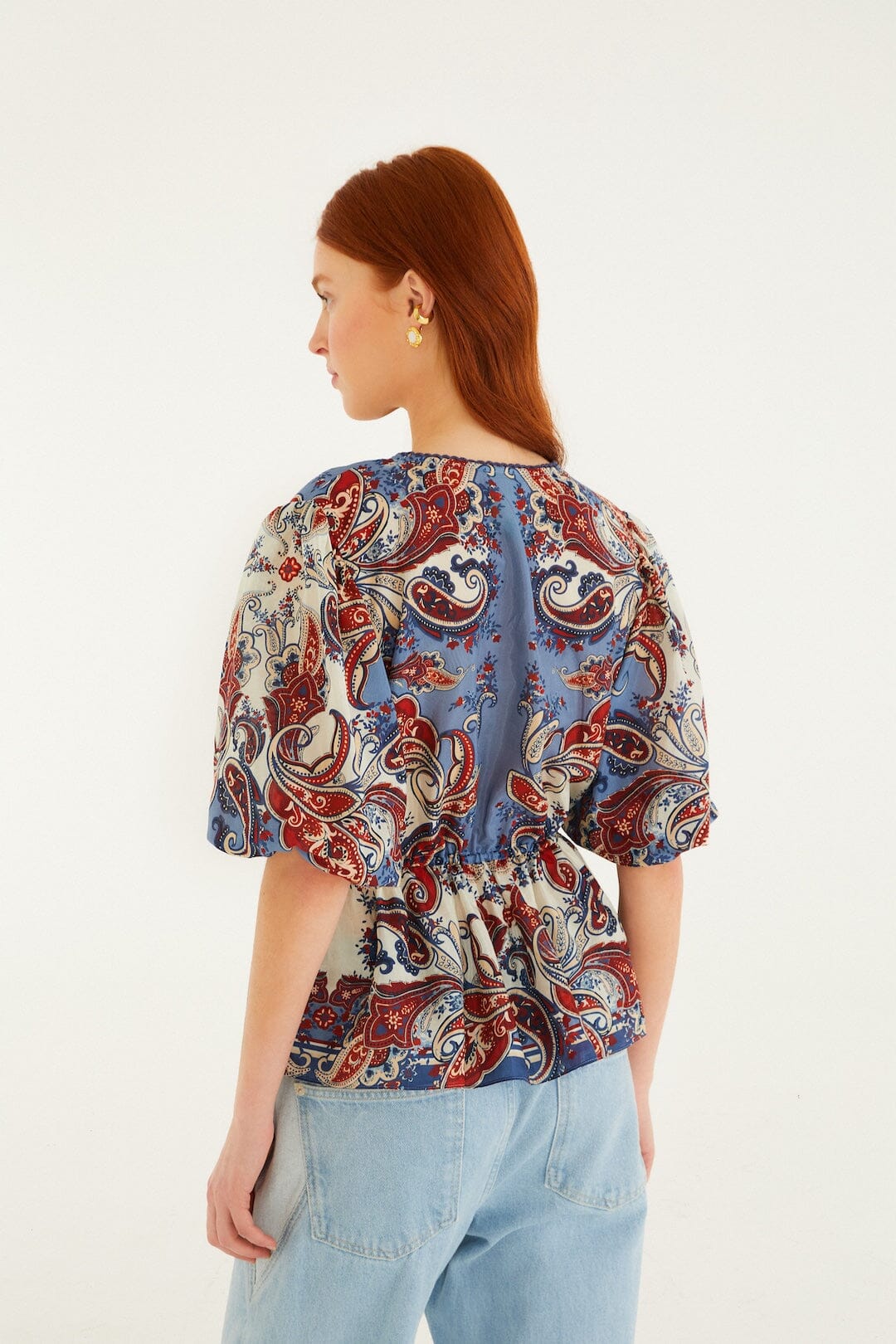 Blue Paisley Scarf Short Sleeve Blouse