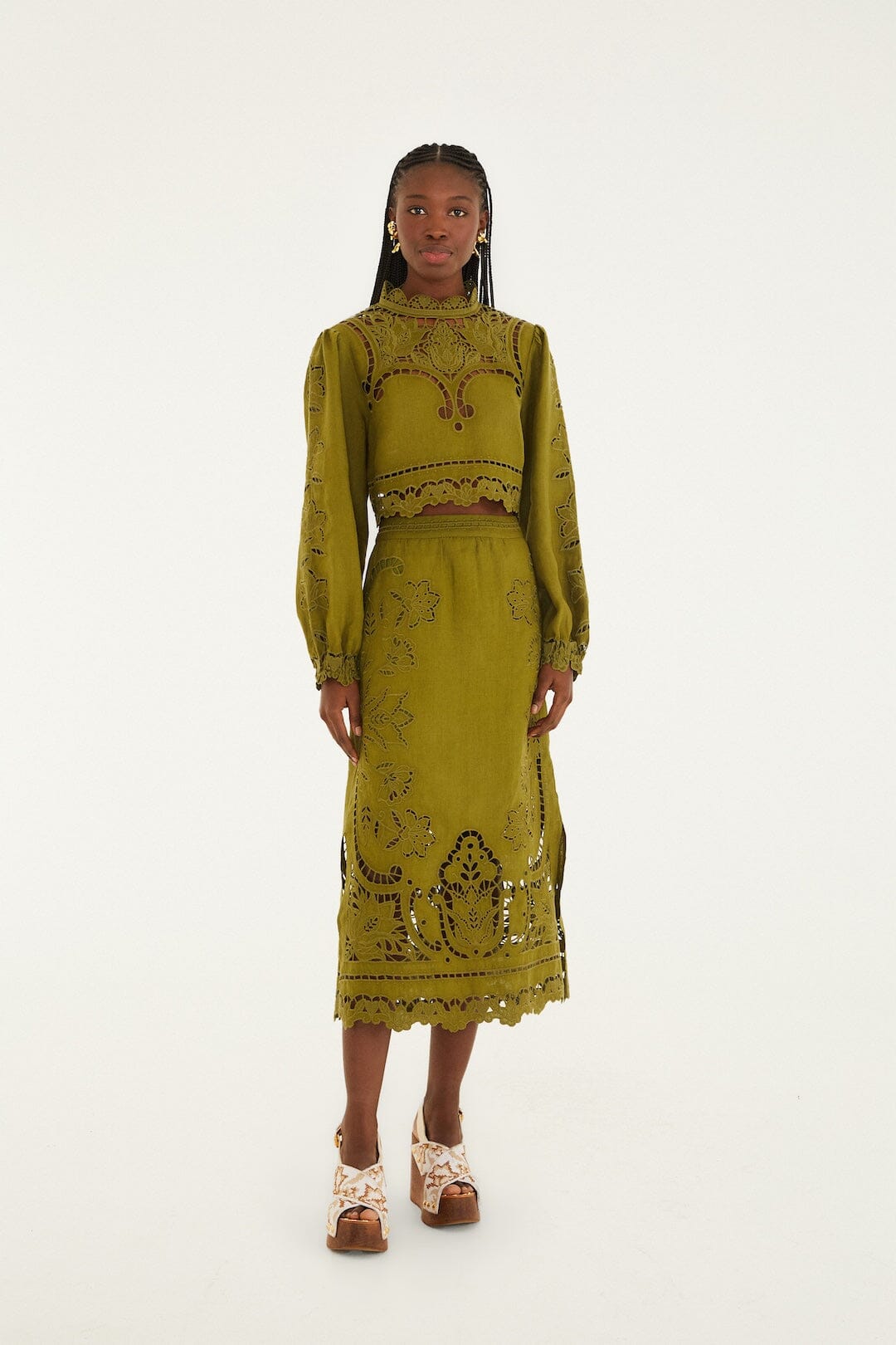 Green Majestic Garden Euroflax Premium Linen Richelieu Midi Skirt | FARM Rio Green Majestic Garden Euroflax Premium Linen Richelieu Midi Skirt | FARM Rio