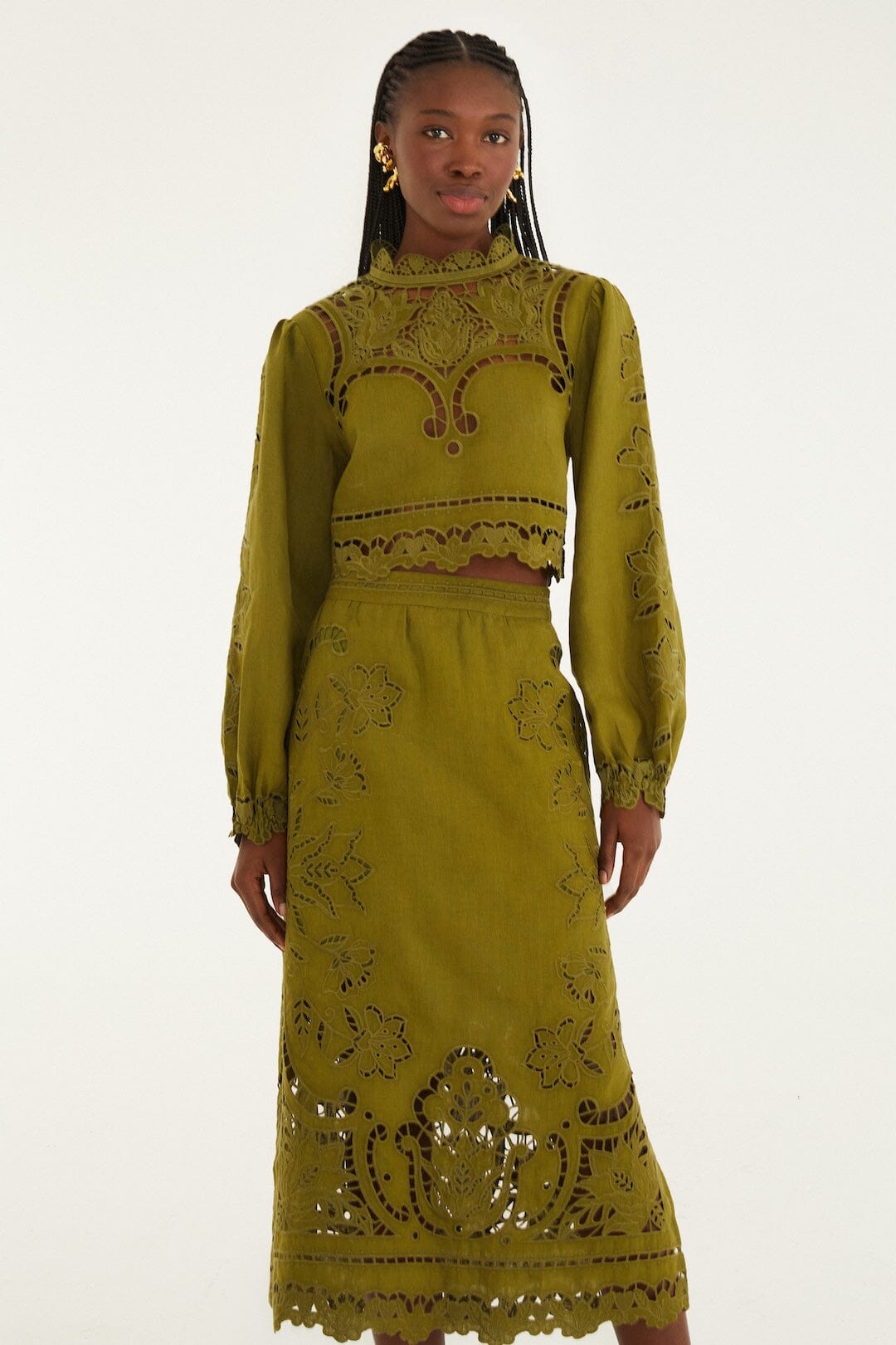 Green Majestic Garden Euroflax Premium Linen Richelieu Midi Skirt