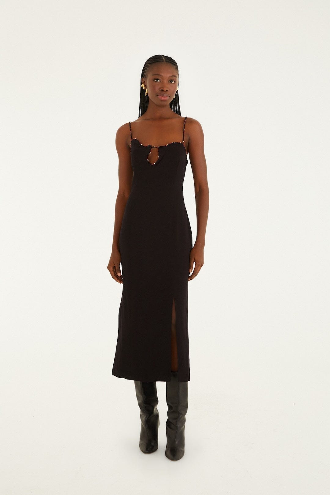 FARM Rio Black Beaded Neckline Sleeveless Midi Dress, Black / XXS FARM Rio Black Beaded Neckline Sleeveless Midi Dress, Black / XXS