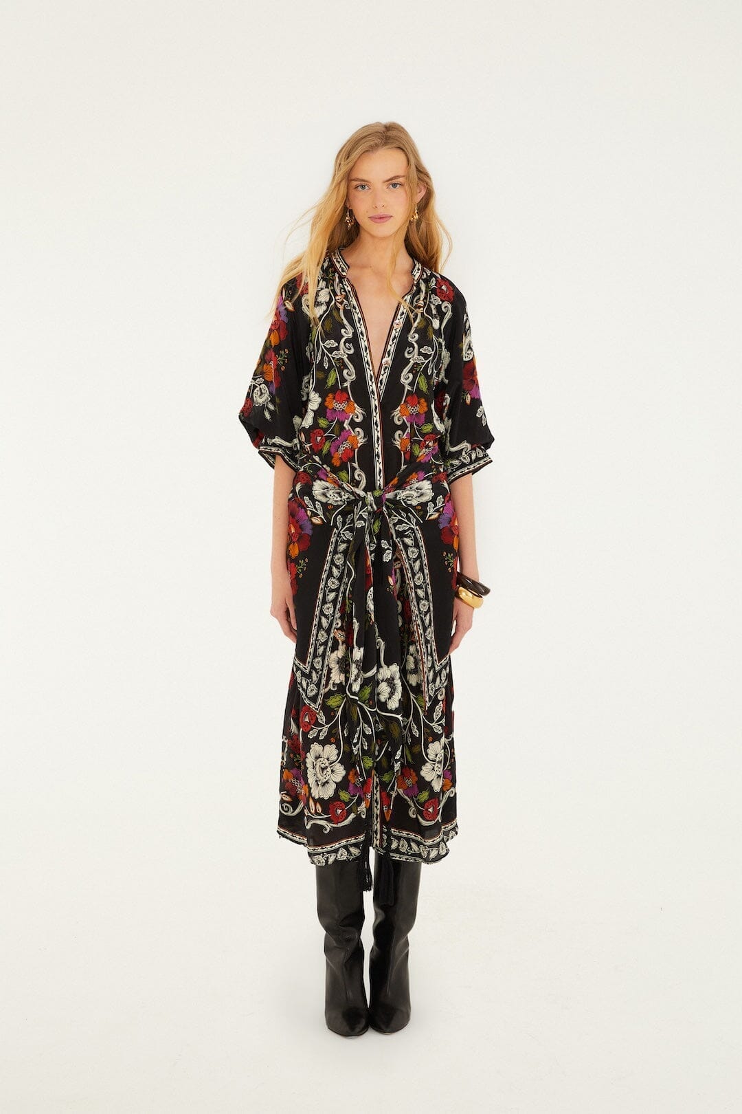 Black Rococo Flowers Belted Midi Dress