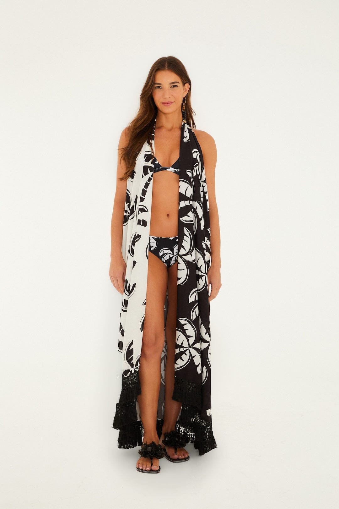 Black And White Graphic Palms Belted Maxi Dress