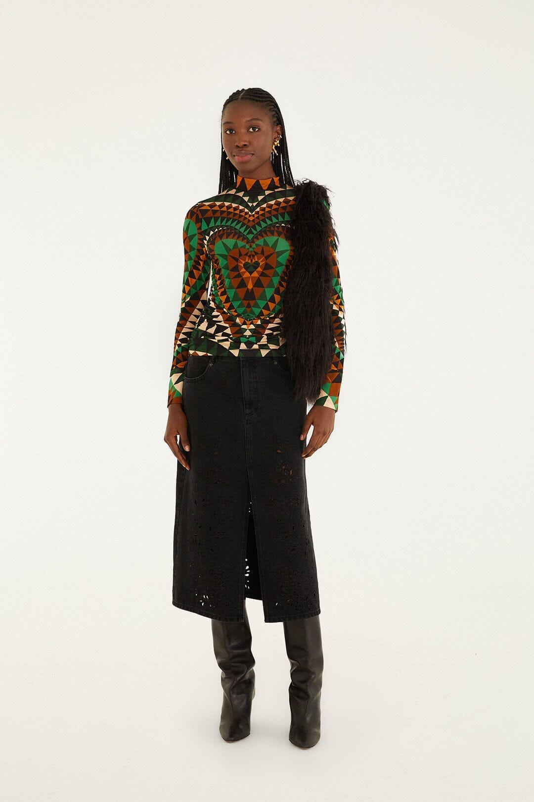 Black Denim Richelieu Front Slit Midi Skirt | FARM Rio