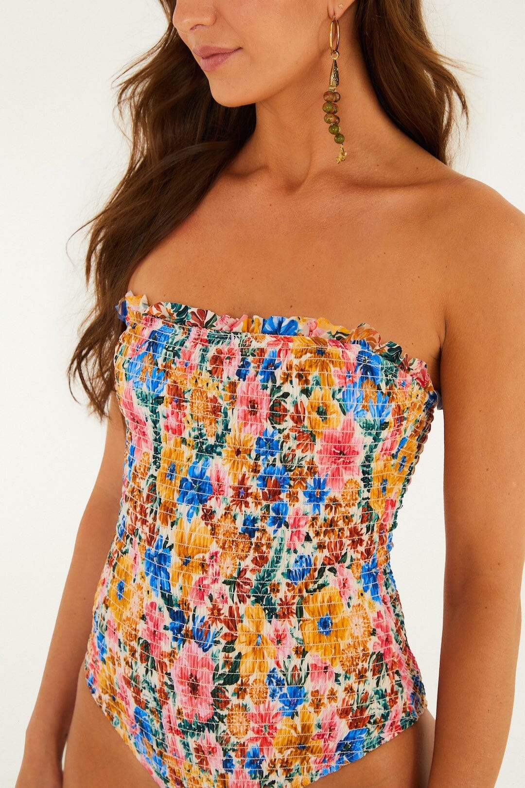 Multicolor Floraline Smocked Strapless One-Piece Swimsuit