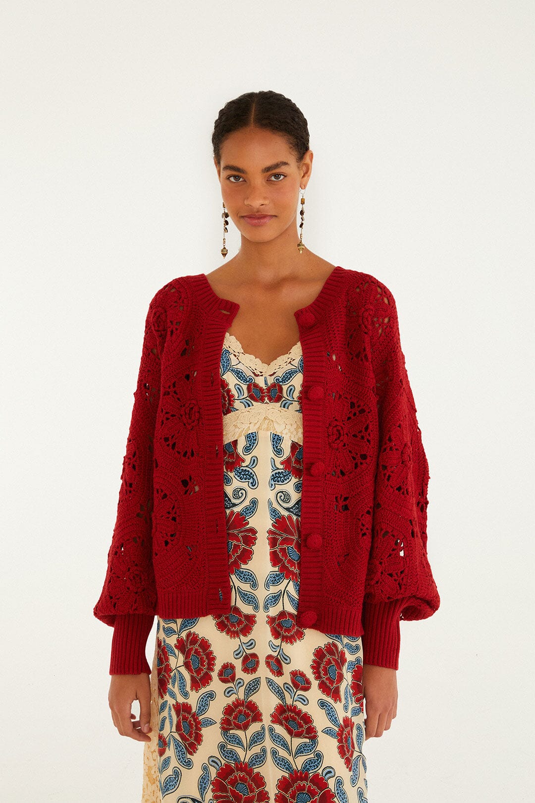 Red Crochet Flower Knit Cardigan | FARM Rio