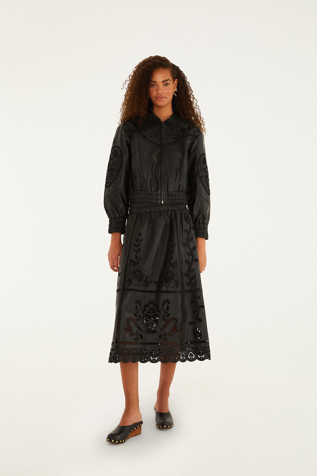 FARM Rio Black Richelieu Heart Leather Skirt, Black / M