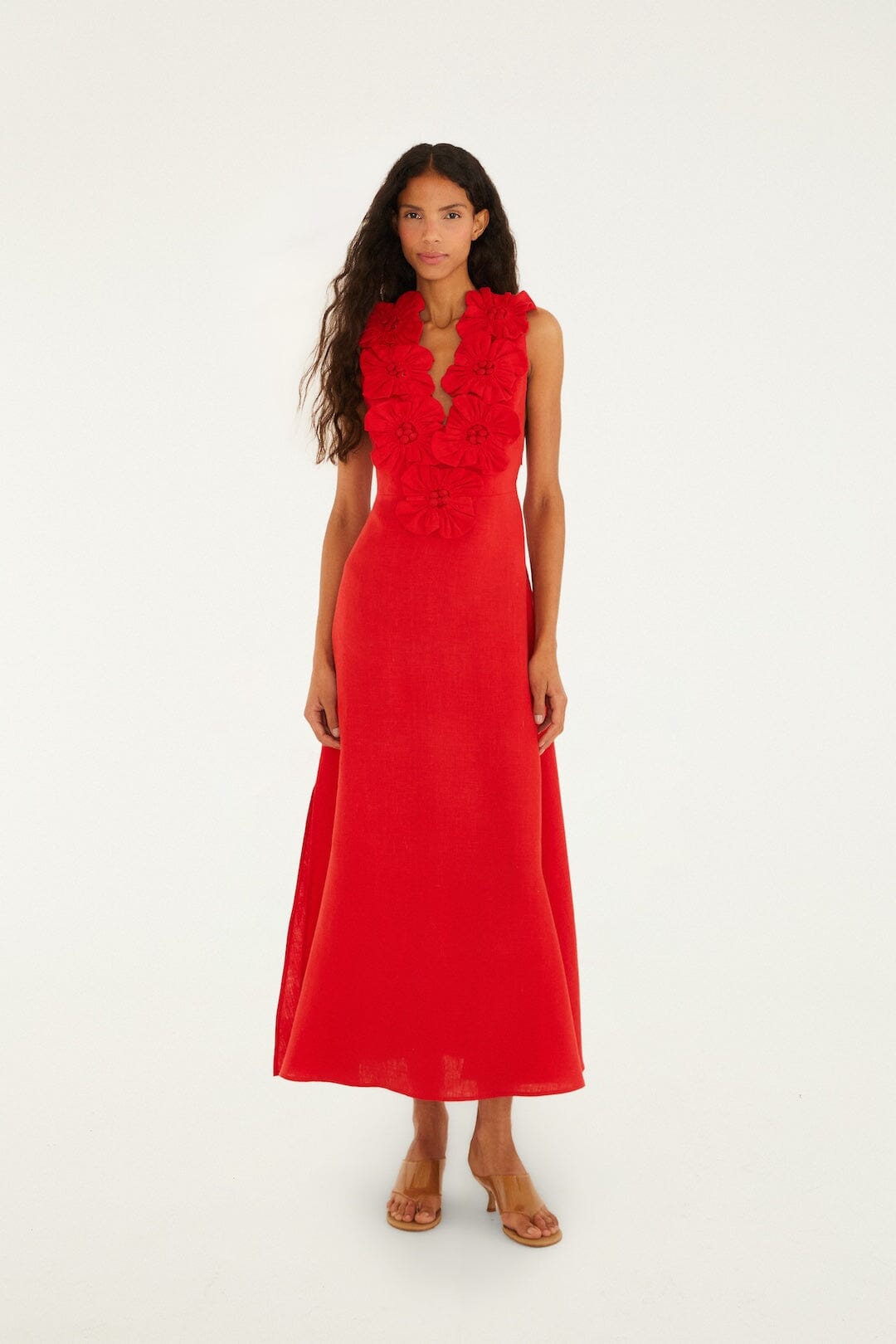 Red 3d Flower Euroflax Premium Linen Maxi Dress