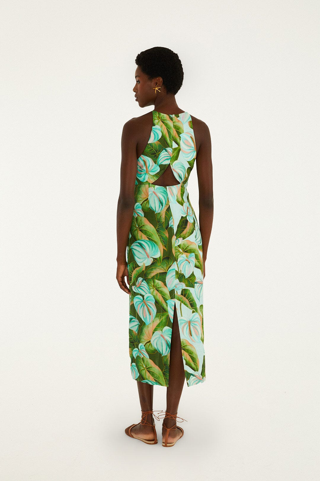 Green Anthurium Leaves Cut-Out Euroflax™ Premium Linen Midi Dress