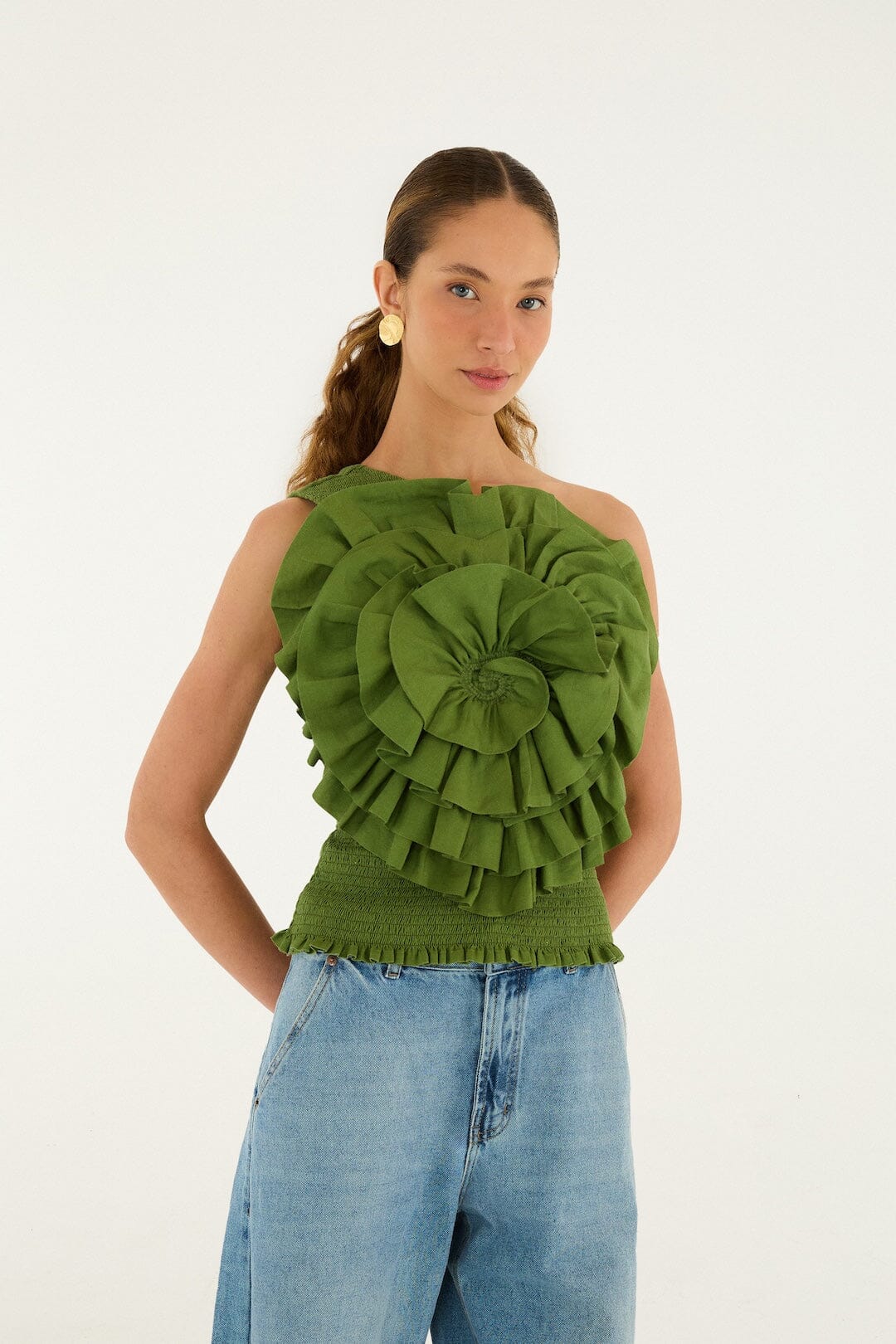 Farm Rio Green One Shoulder Lenzing Ecovero Euroflax Blouse | FARM Rio