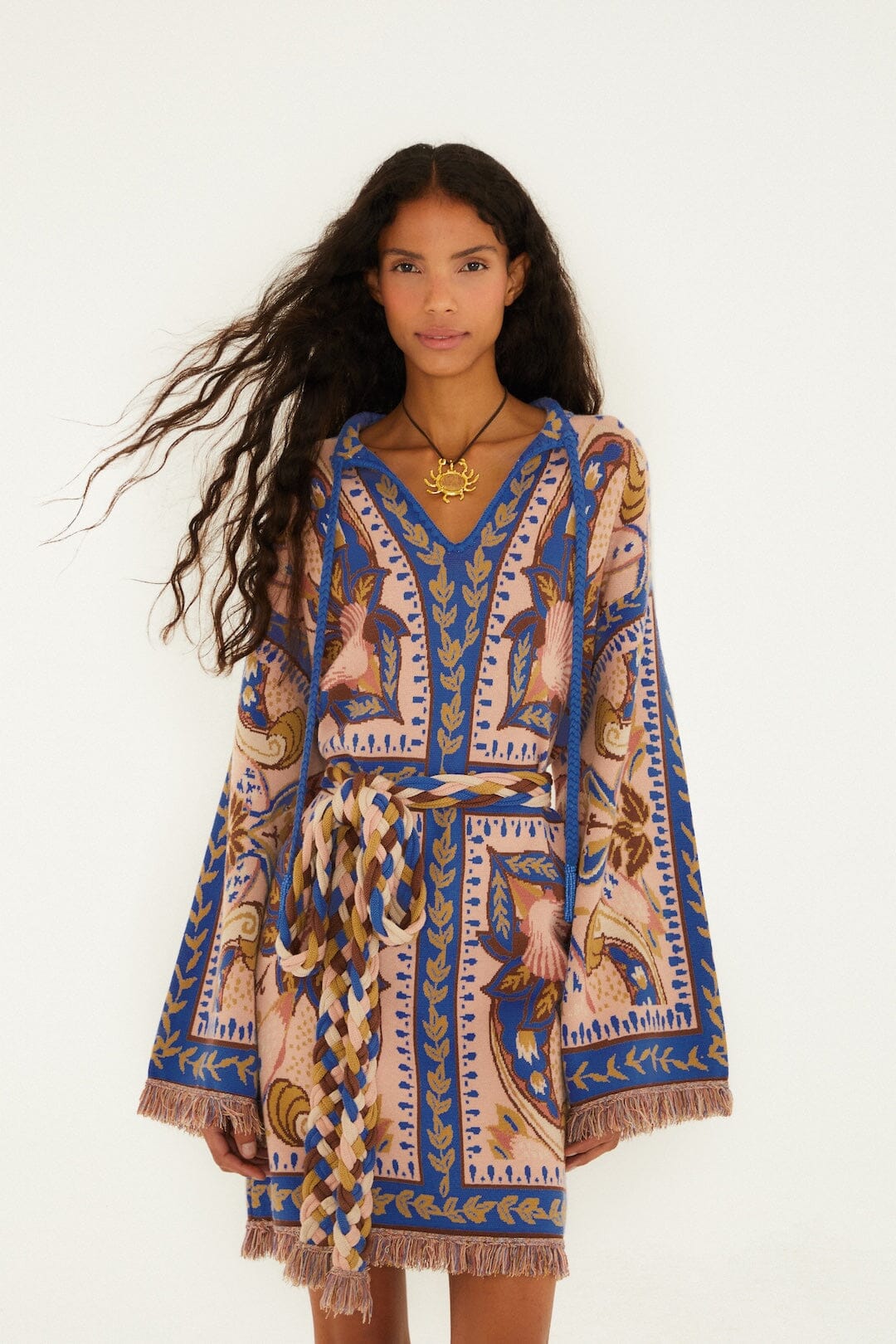 FARM Rio US Scarf Tassels Knit Mini Dress in Blue Sea Garden XS / Blue Sea Garden