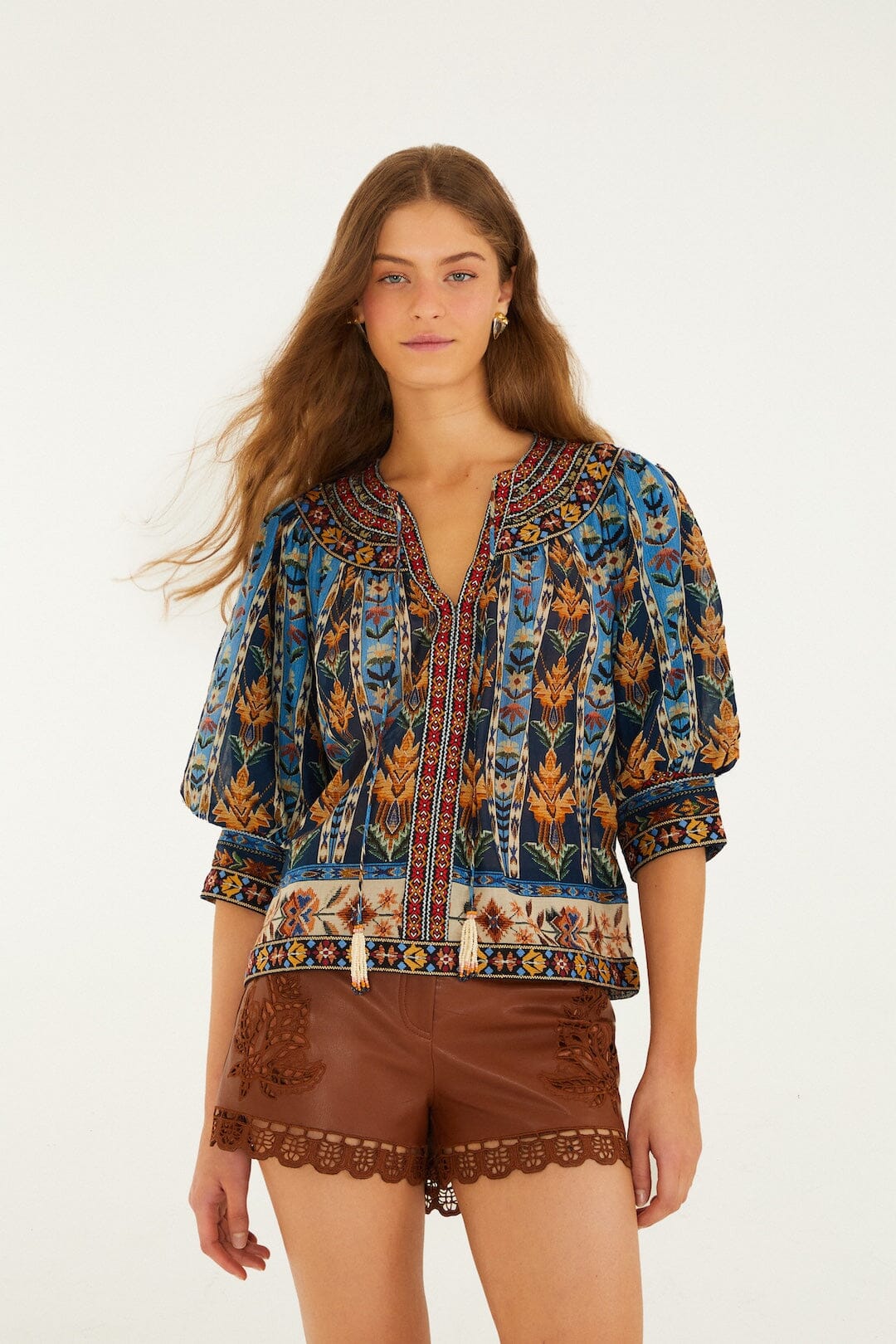 Blue Embroidered Tapestry Tassels Puff Sleeve Blouse | FARM Rio