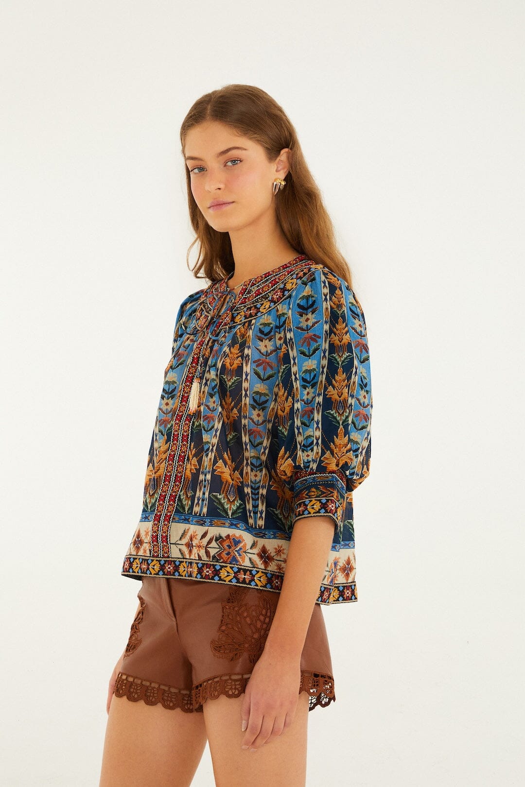 Blue Embroidered Tapestry Tassels Puff Sleeve Blouse